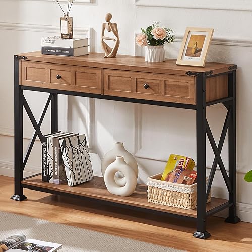 HOMBAZAAR Mesa de entrada, mesa consola rústica con 2 cajones, mesas consola industrial con almacenamiento para entrada, pasillo, sala de estar,