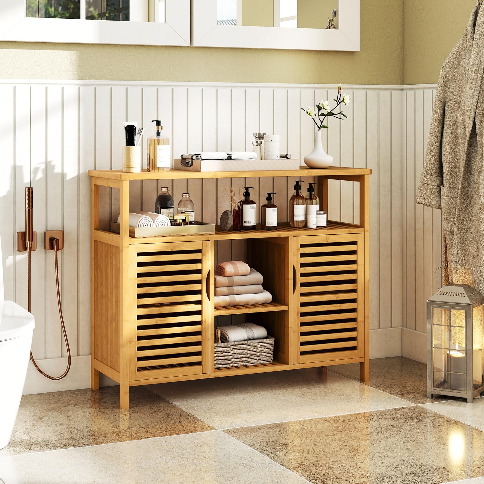 KOMFOTTEU Credenza Cucina in Bambù, Mobile da Bagno con Ripiani Aperti e 2 Porte, Armadio a Buffet a Doghe per Soggiorno, Sala da Pranzo, 100 x 35 x 80 cm, Naturale