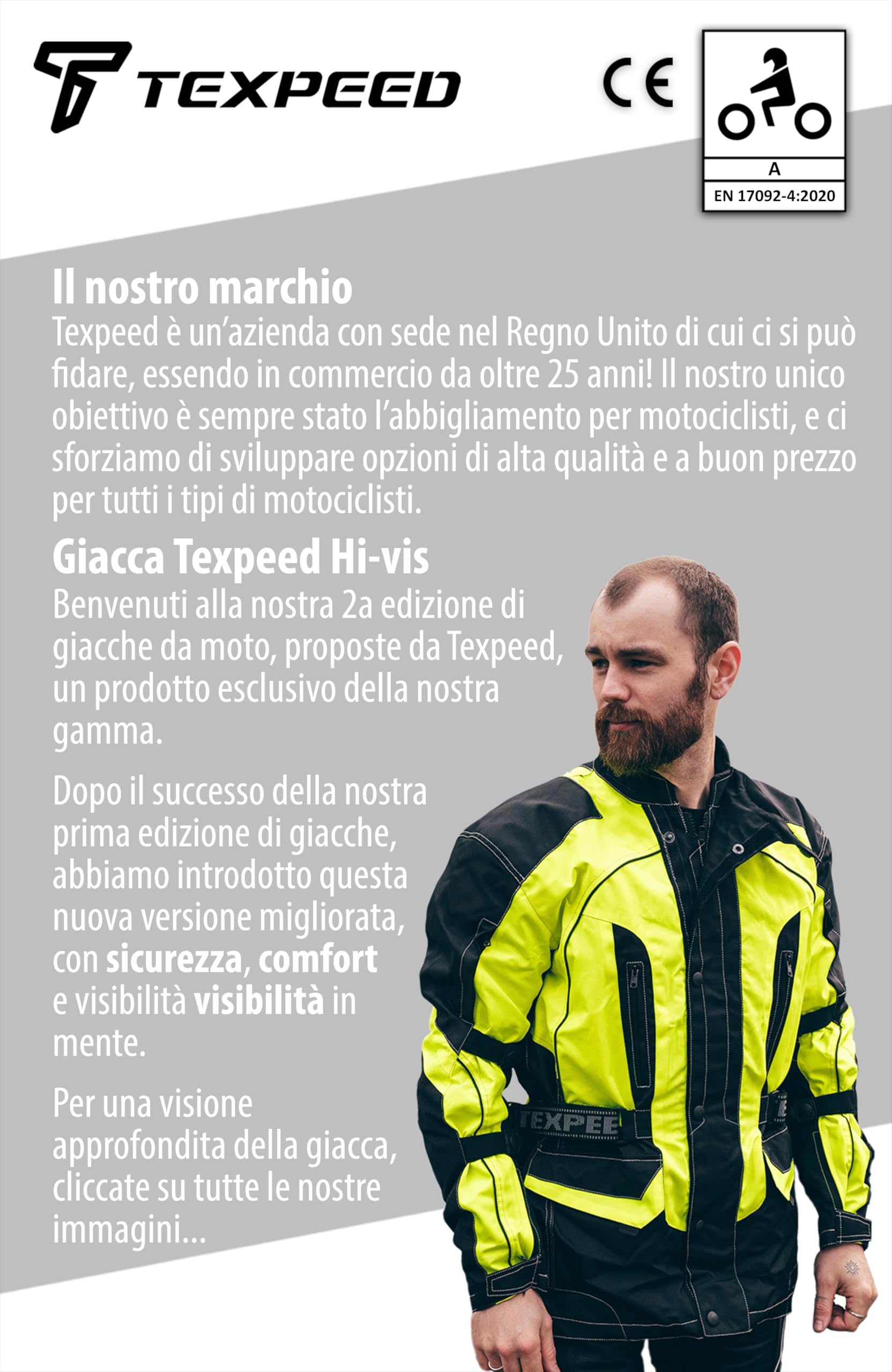 Texpeed Giacca da uomo impermeabile riflettente ad alta visibilità omologata con protezione - Giacca da motociclista lunga invernale con armatura CE (EN 1621-1) Giallo Nero - XL
