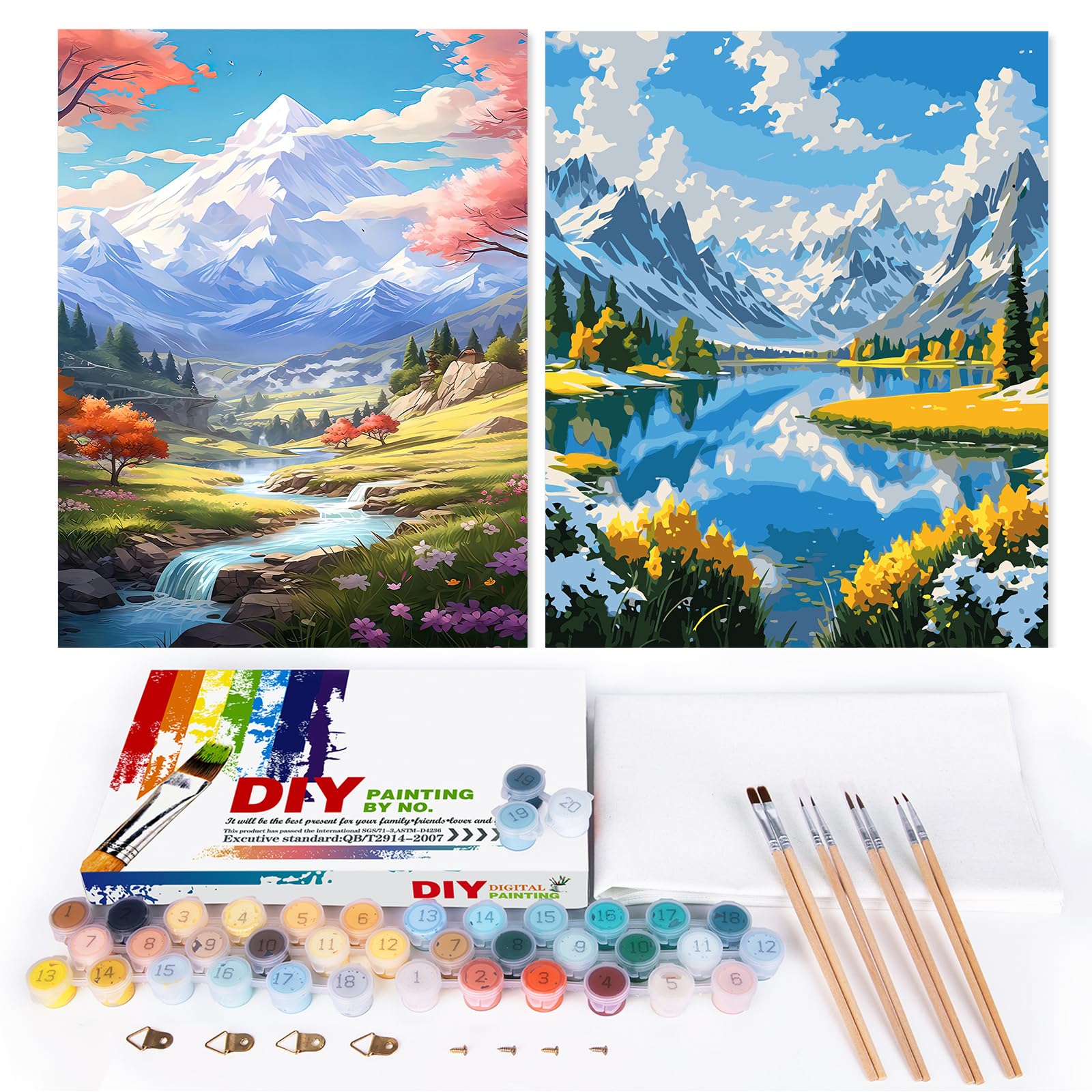 EFOTIML Kit di vernice a numeri per adulti principianti e bambini Età 8-12, 16x20 Tela per kit di vernice per adulti in scatola colorata (senza cornice) - montagna di neve e lago (2PCS)