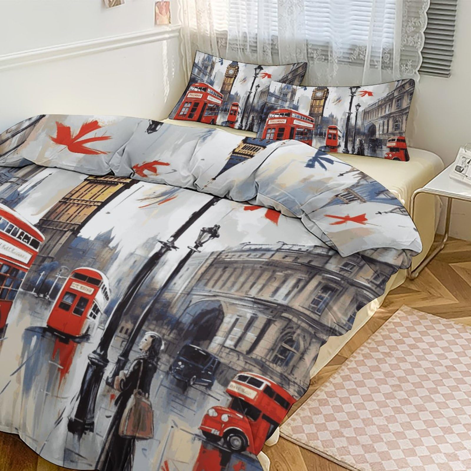 Parure de lit 3 pièces imprimé Londres 228x228 cm avec couette épaisse