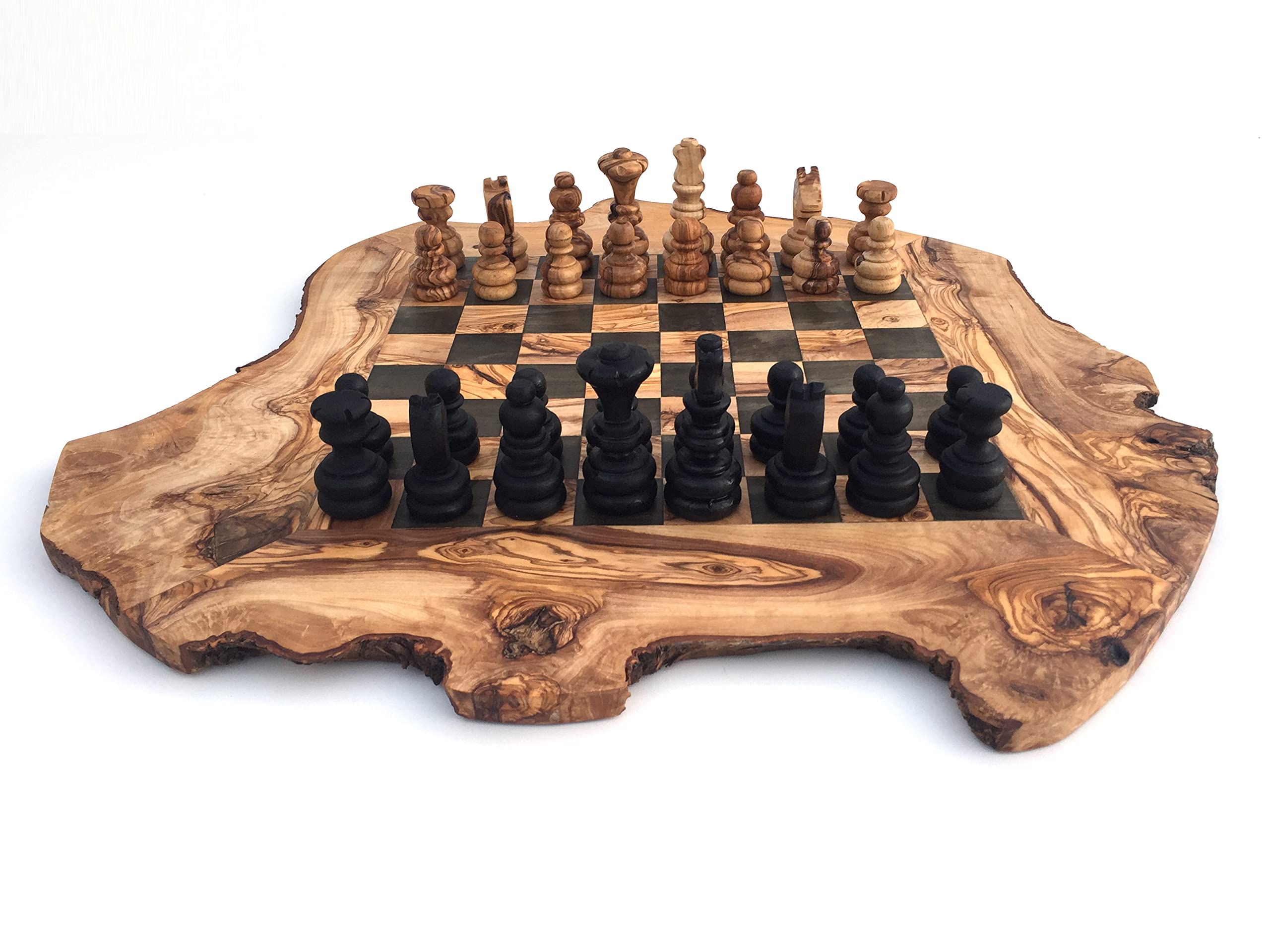 Generisch Jeu d'échecs rustique, échiquier taille XL incluant les pièces, en bois d'olivier, fait main - 2 joueurs, âge 12+