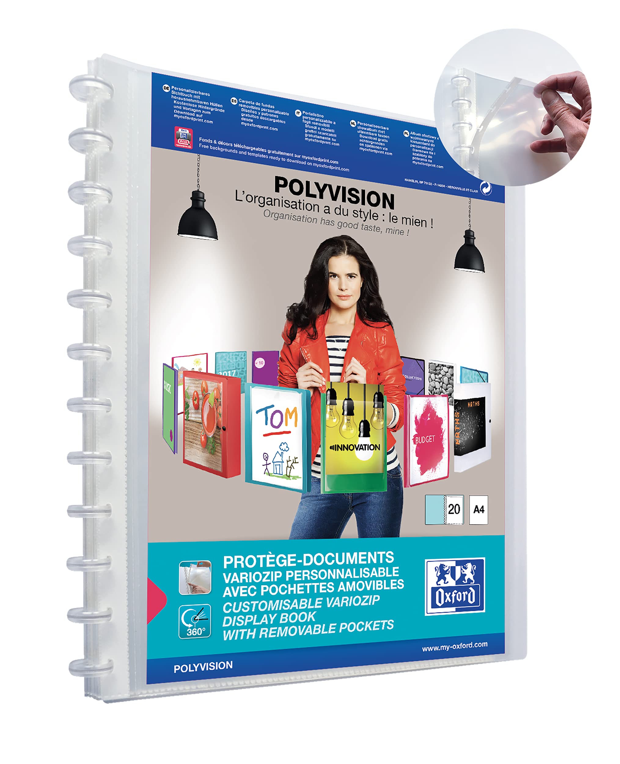 ELBA Polyvision - Raccoglitore ad anelli, formato A4, con zip Vario, 20 tasche, trasparente, confezione da 10