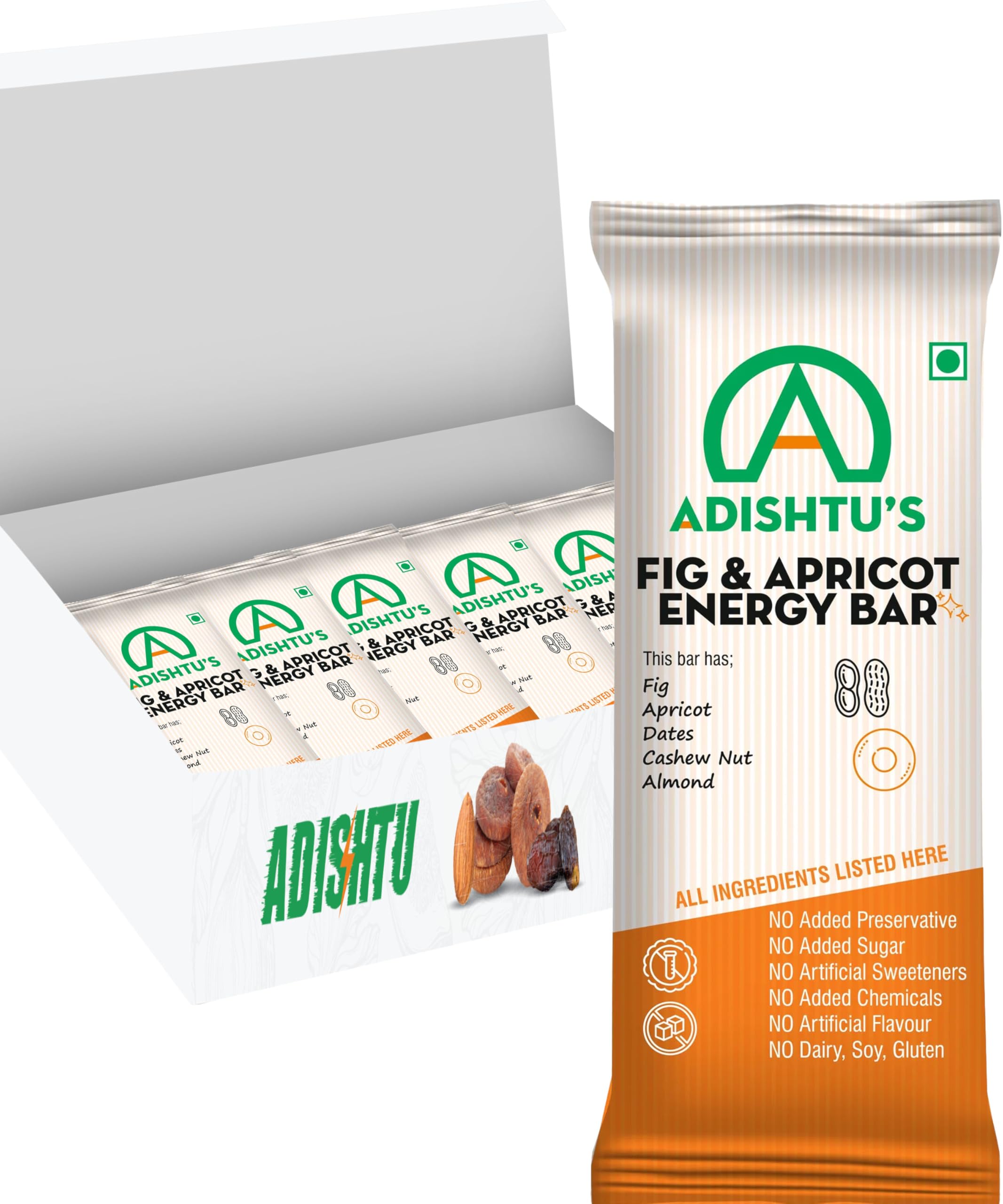 ADISHTU Fig & Apricot Energy Bar (5.1 G Protein/Serving, Pack of 5) Healthy Sugar-Free Protein Snack Bars with Cashew Nuts, Almond & Dates for Kids & Adults, Best for Breakfast, Workouts & Travel