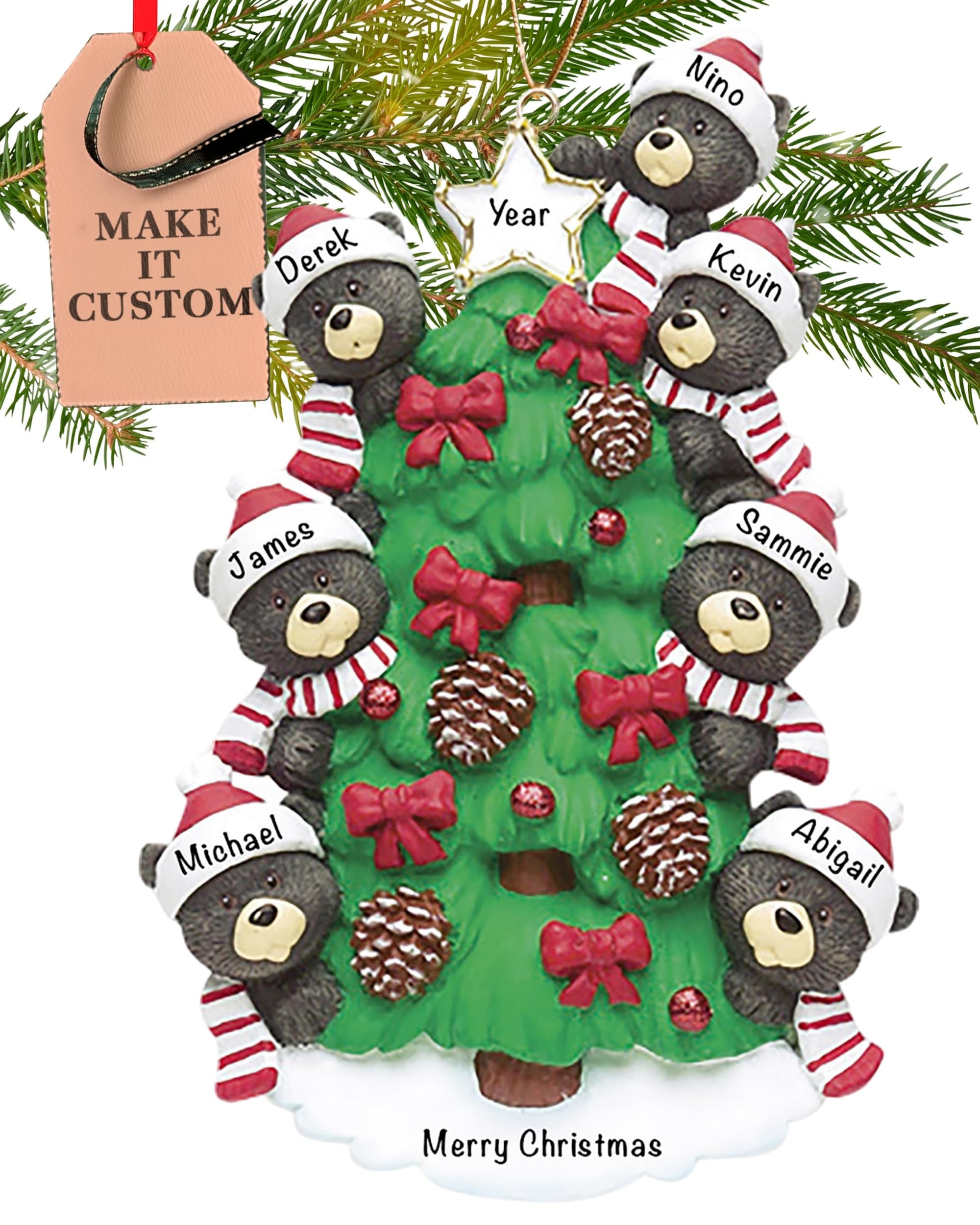 Personalised Family of 7 Ornament 2025 – Fast & Free 24h Customisation – Black Bear Christmas Ornaments for Tree – Custom Gift Wrapped Xmas Keepsake for Seven Persons