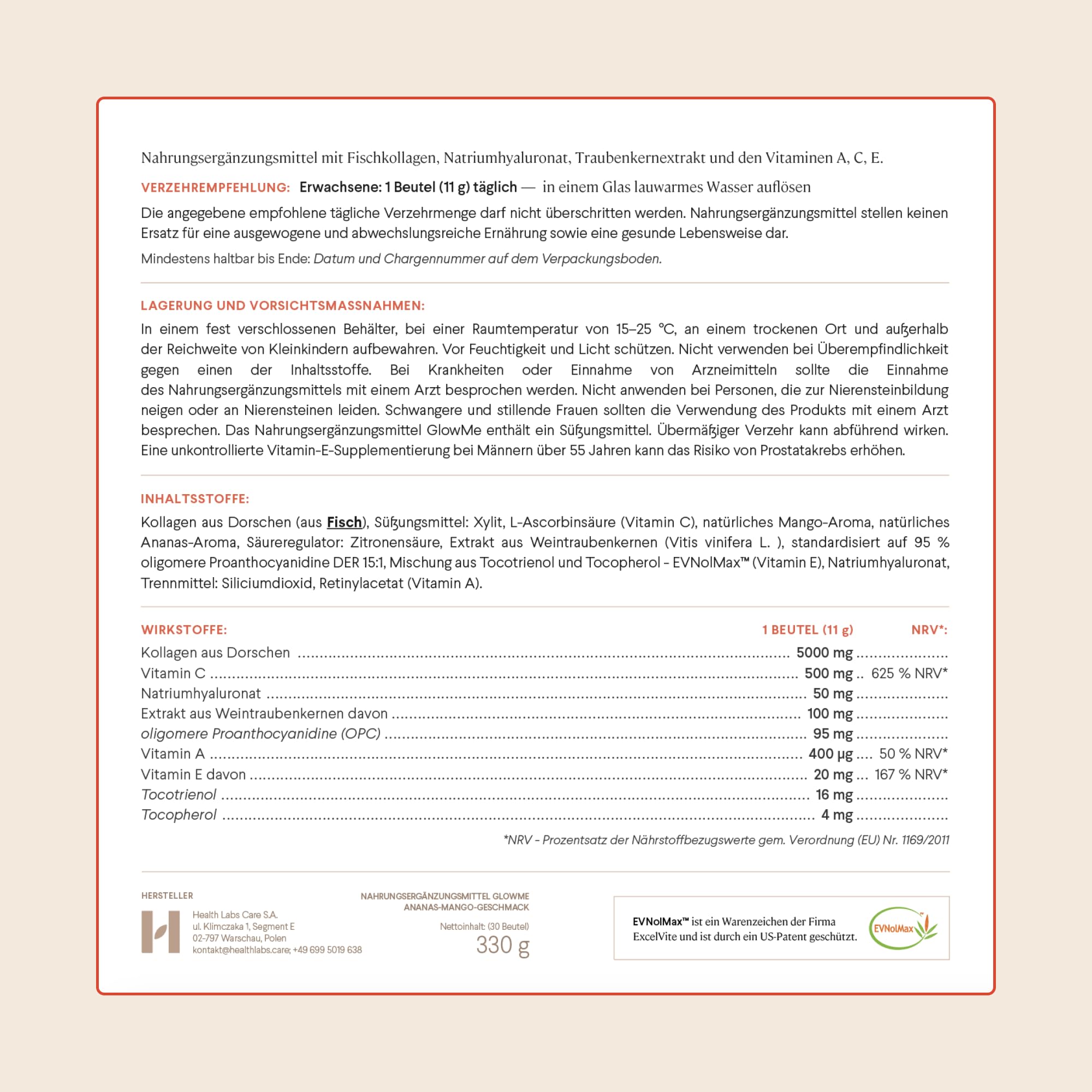 Kollagen Pulver - 5000 mg Fischkollagen - Mit Hyaluronsäure & Vitamin C