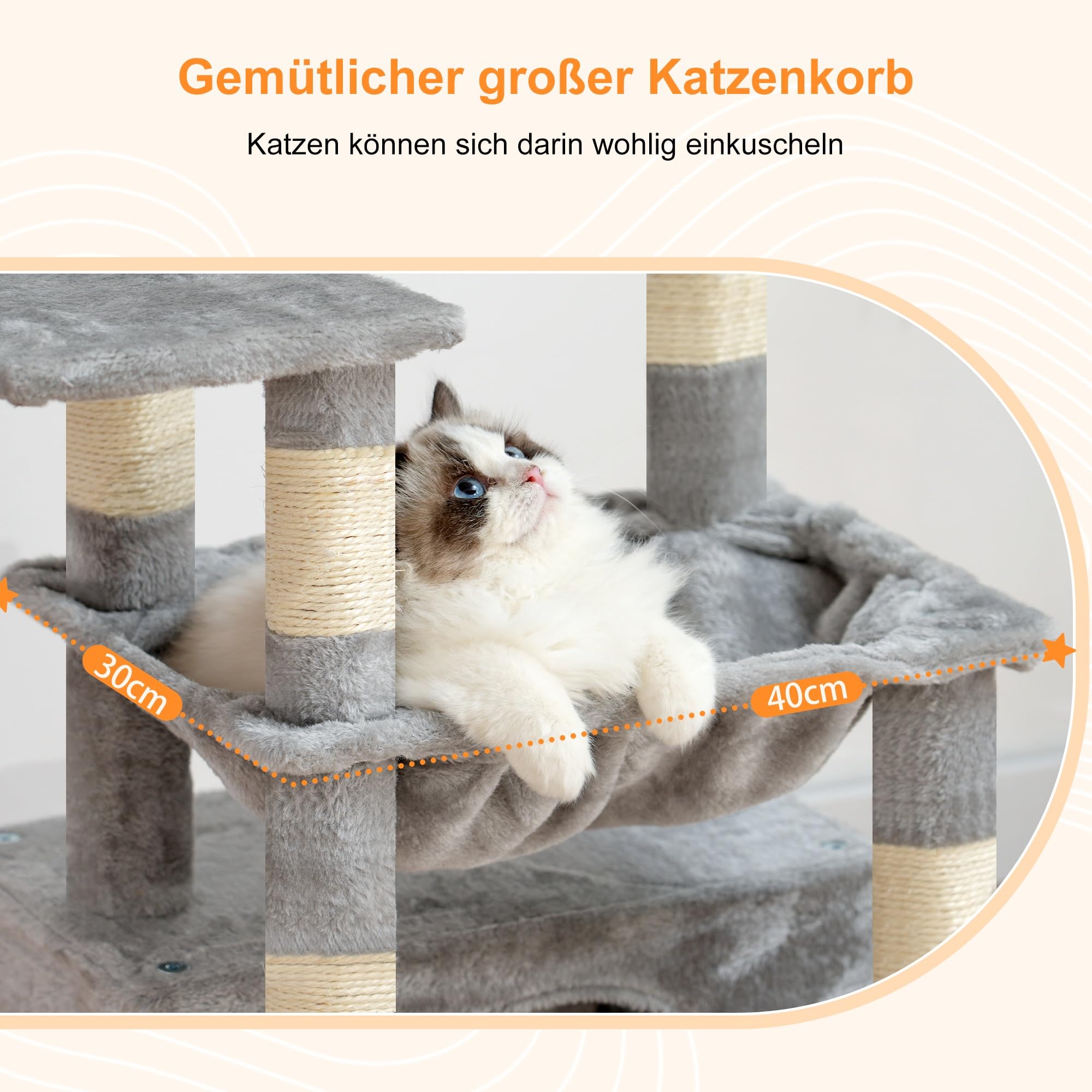 Heybly Kratzbaum, Katzenbaum mit Extra Großem, Weichem Katzenkorb, Katzenkratzbaum mit Geräumigem Katzenbett und Verstecktem Schlafplatz, Robusten Sisal-Kratzsäulen, Hellgrau HCT008SW