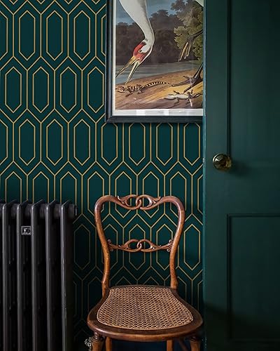 Miniatura 3 de Safiyya Papel tapiz geométrico dorado y verde azulado oscuro, autoadhesivo, papel de contacto para despegar y pegar, papel tapiz extraíble para