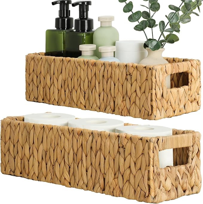 Nesting Small Wicker Basket, Water Hyacinth Toilet Paper Baskets Bathroom Organizer Woven Long Narrow Baskets for Organizing Pantry Bathroom Toilet Tank, 2 Pack