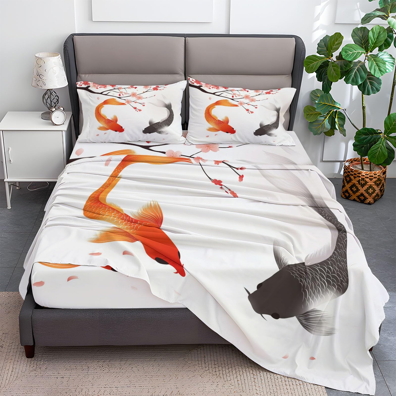 Fitted Sheet Full Size Bedding Set for Kids Girls Women Men Room Decor, Soft Microfiber & Deep Pocket & Wrinkle Free Simple Line Koi Bedding Sheets, Orange Gray
