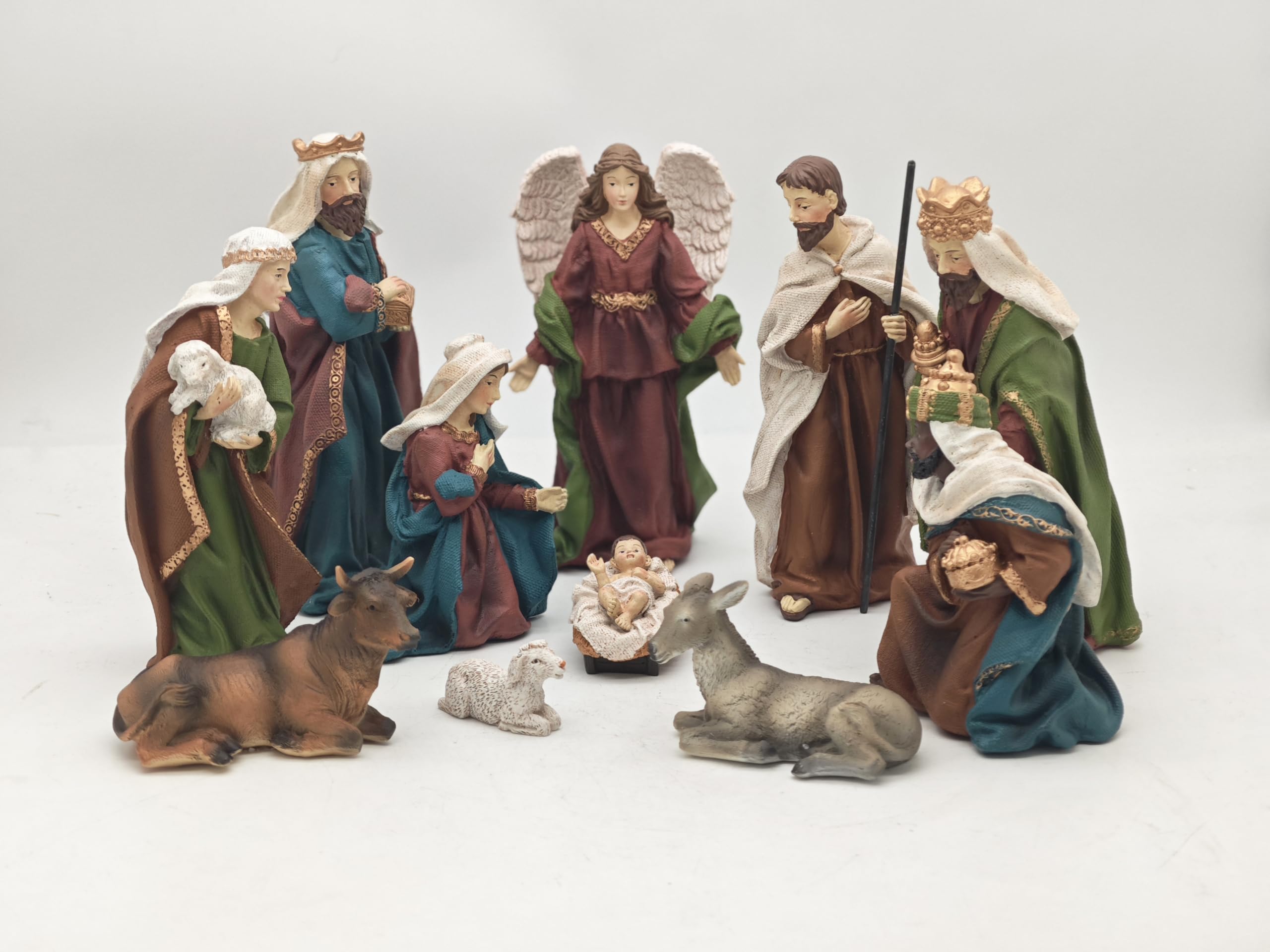 Crèche de Noël 11 pièces de 22,9 cm de haut, grande crèche de Noël Sainte | Figurines religieuses en résine peintes à la main avec bébé Jésus, Marie, Joseph, ange et mages pour décoration de table