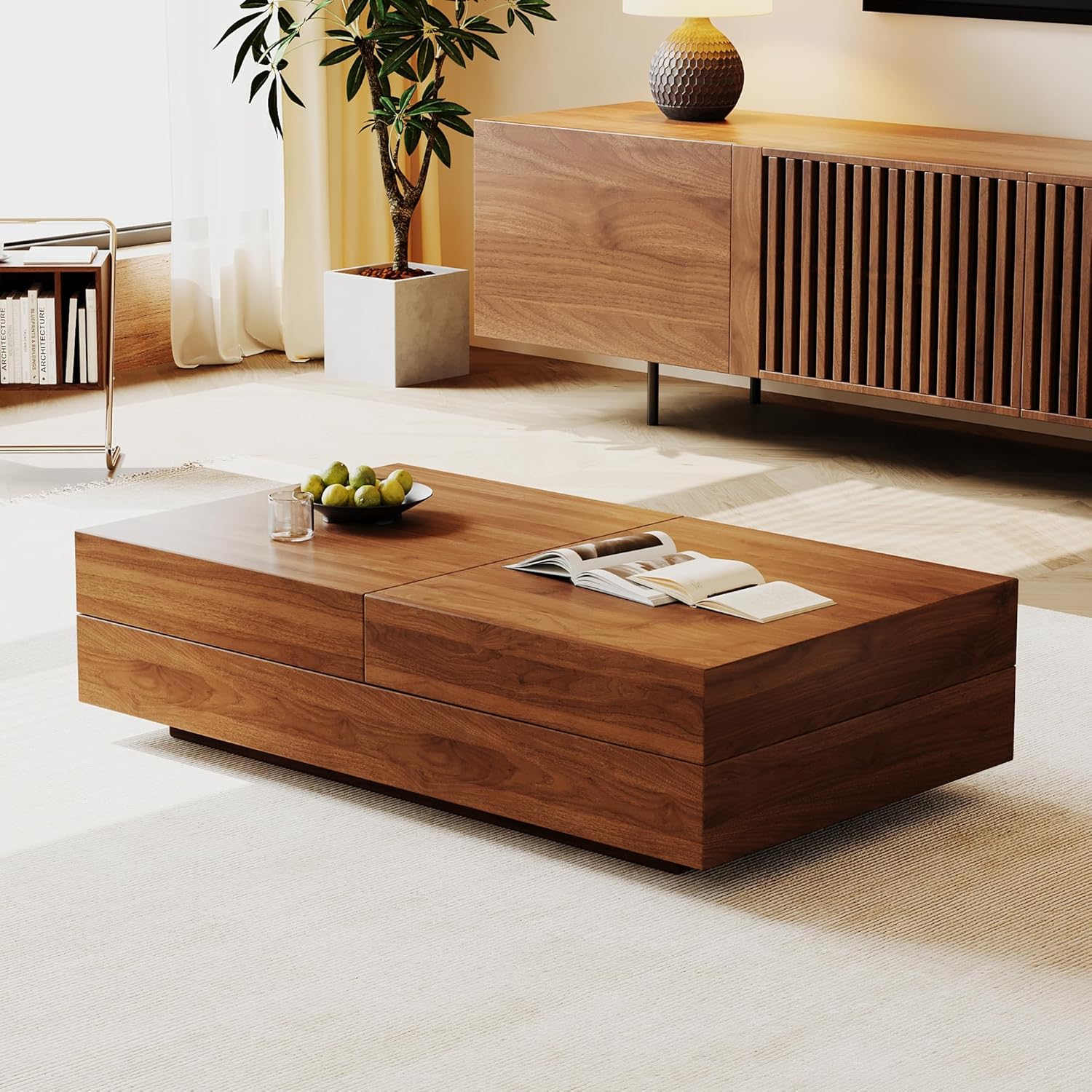 Extendable Rectangular Coffee Table with Concealed Storage Compartment, Expandable Width from 47.2" to 81.8", MDF Construction, Suitable for Living Room or Bedroom, Walnut Finish