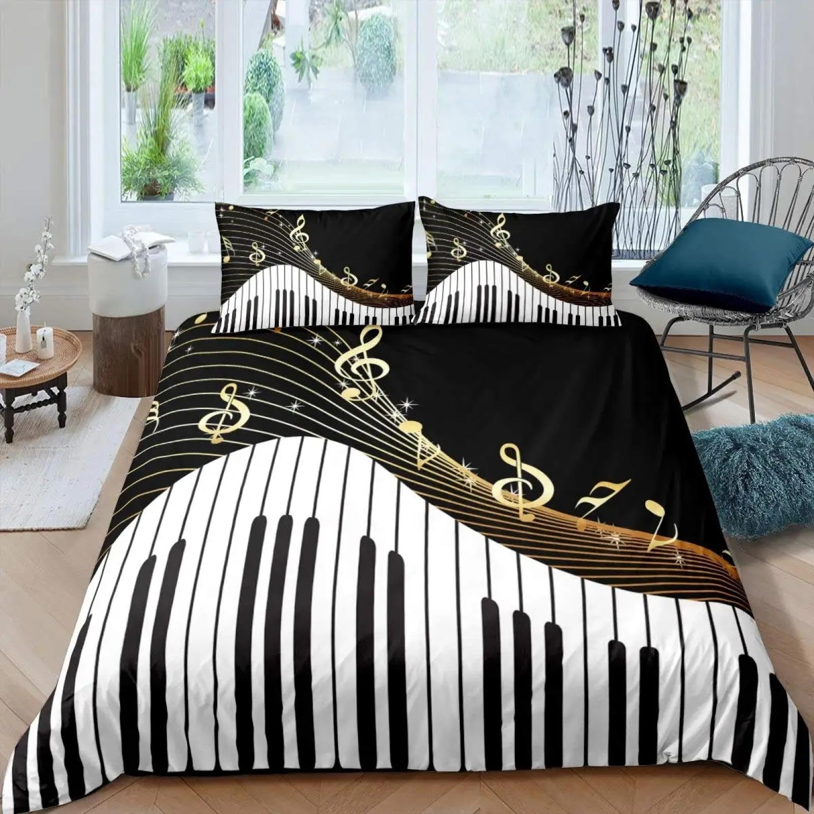 Parure de lit musique housse de couette king size 200x220 motif piano moderne