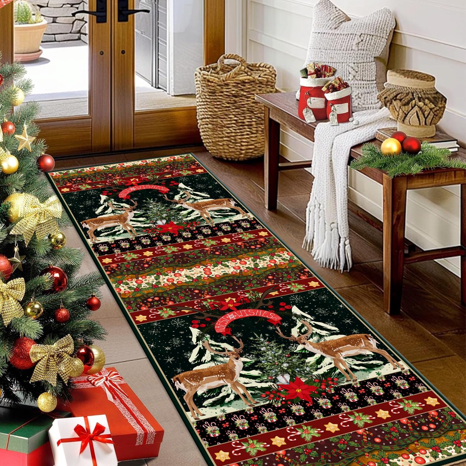 PDENZG Snowflake Christmas Runner Rug, 60x120cm,Xmas Decor Holiday Hallway Carpet,Reindeer Christmas Tree Runner Rug,Winter Washable Soft and Non-Slip Xmas Carpet,for Laundry Room Entryway Kitchen