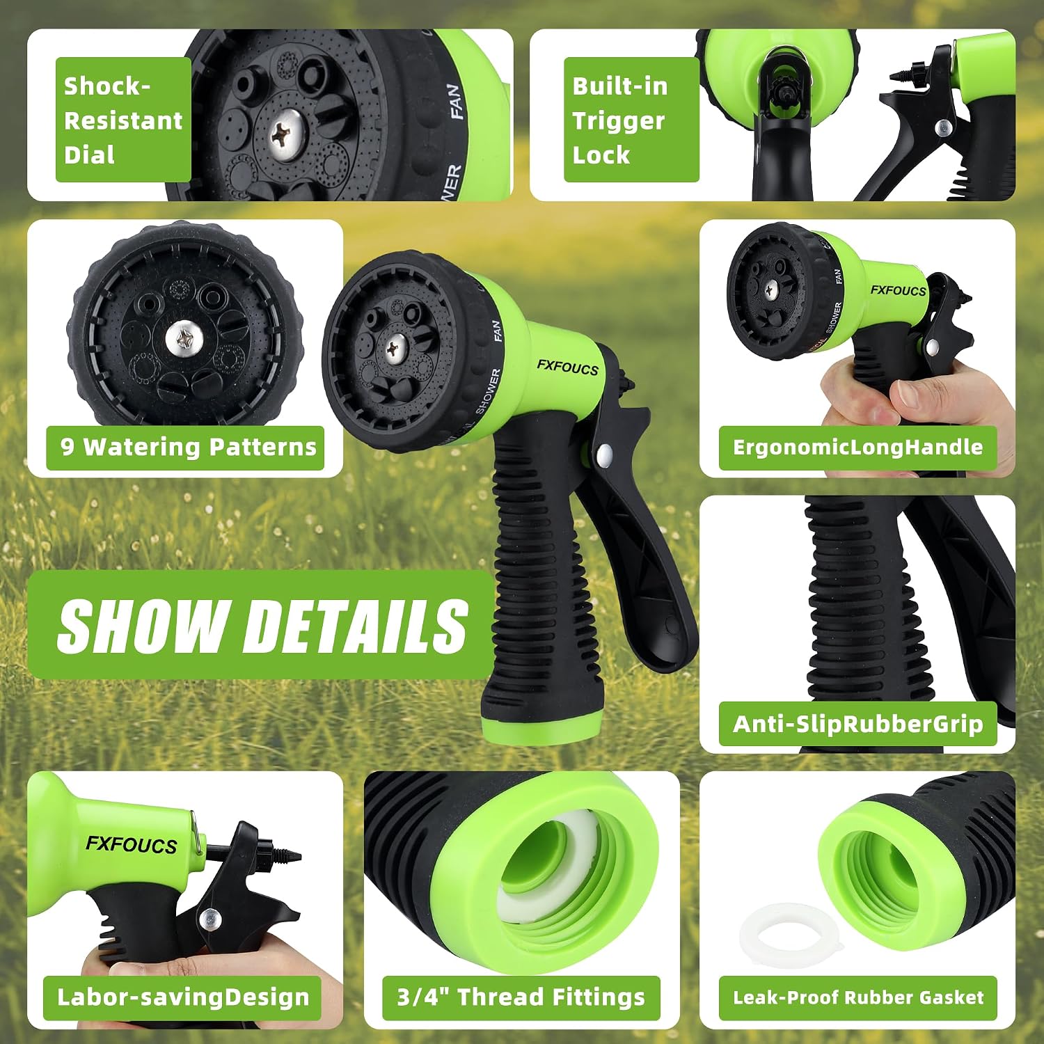 Garden Hose Nozzle Sprayer - 9 Spray Patterns, On Off Valve Heavy Duty Hose Sprayer Nozzle for Watering Plants & Lawns, Washing Cars & Pets - Outdoor Water Hose Nozzle Head Attachment image 4