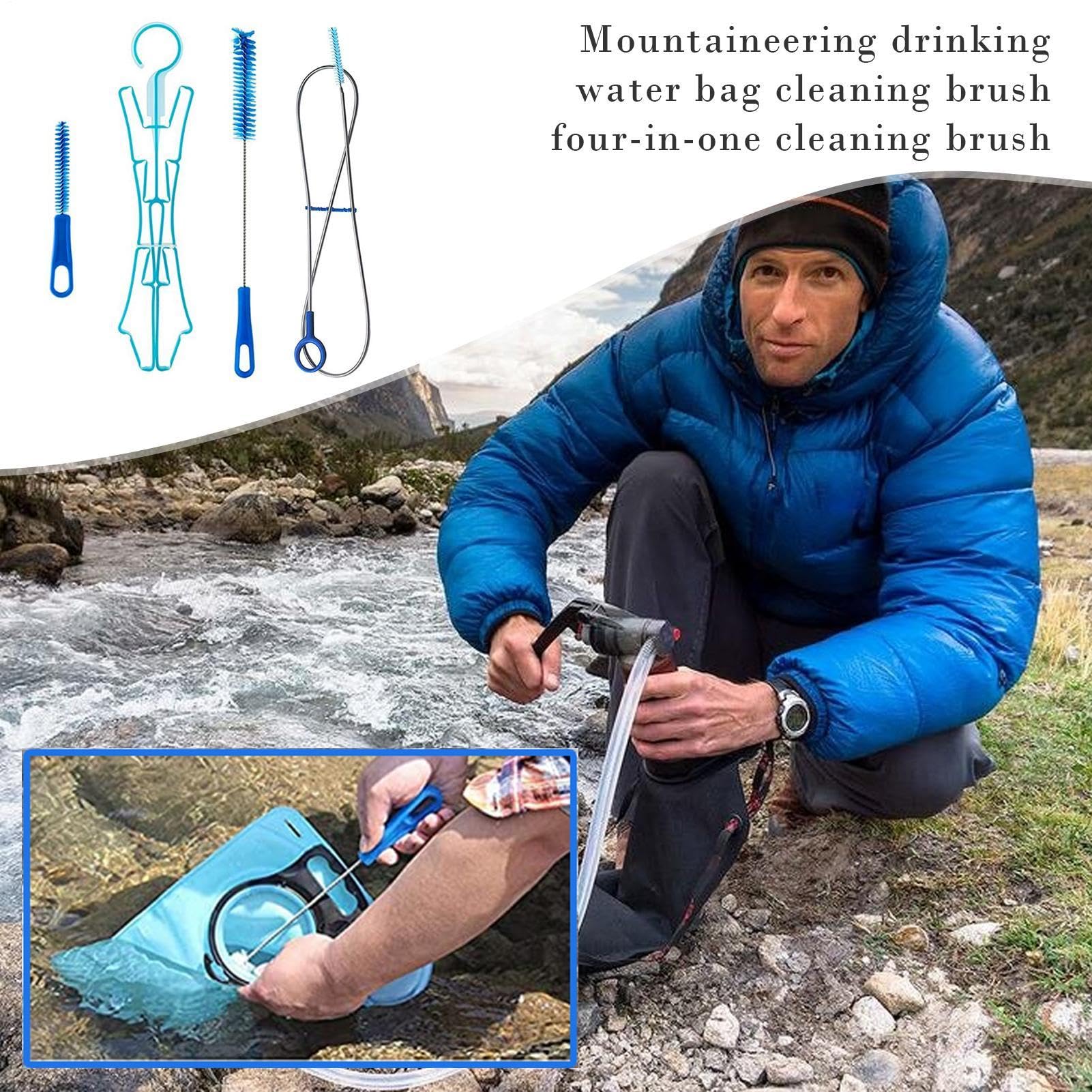 Hydration Bag Cleaning Kit - 4in1 Water Bladder Brush Set | Multipurpose Cleaning Tools for Cycling, Hiking & Backpacking, Universal Reservoir Cleaner for Camping Supplies