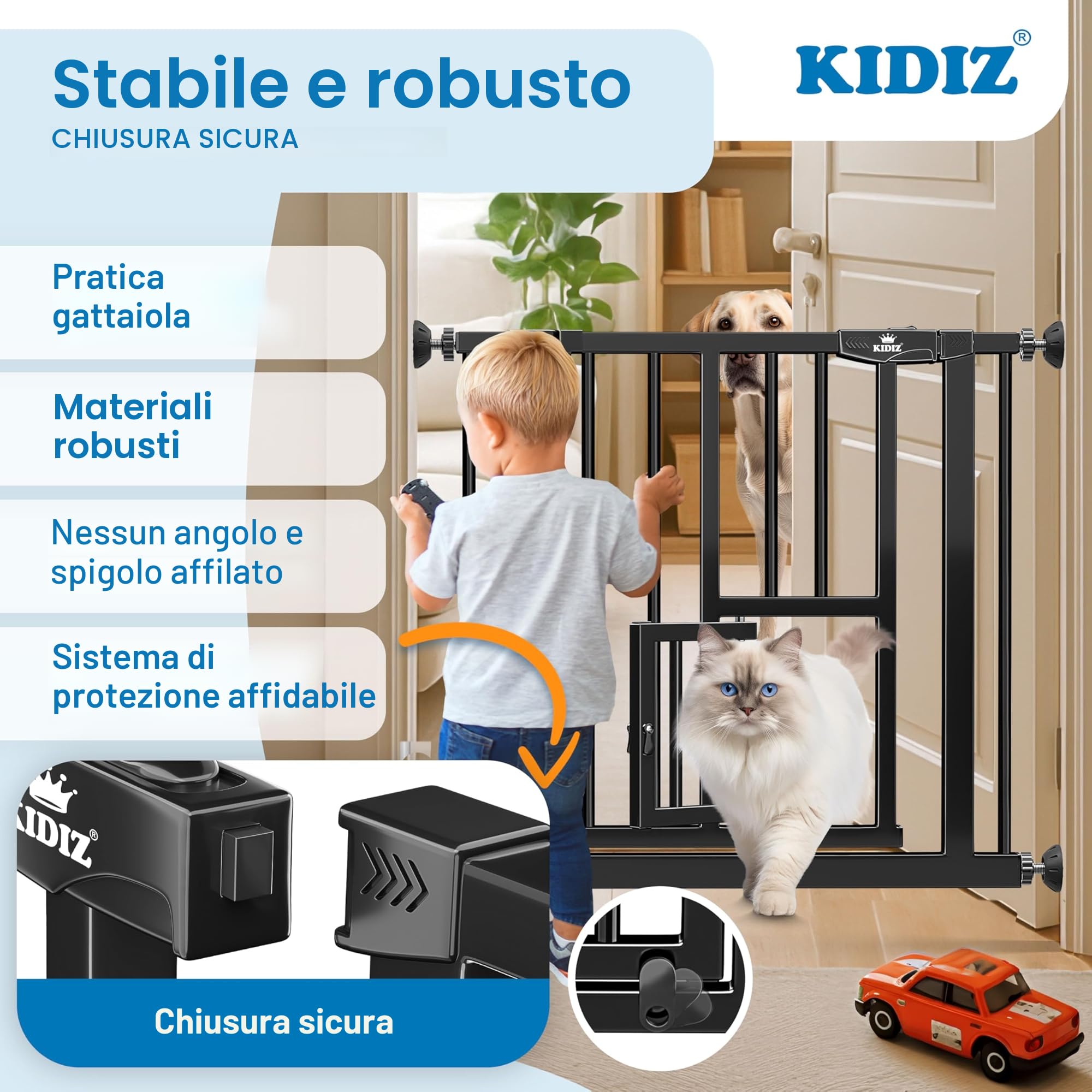 KIDIZ® Cancelletto di Sicurezza per porte, Cancelletto per Bambini, con Porta per Cani e Gatti, senza foratura, espandibile, combinabile con i mandrini a Y, girevole, 74-87 cm - Nero