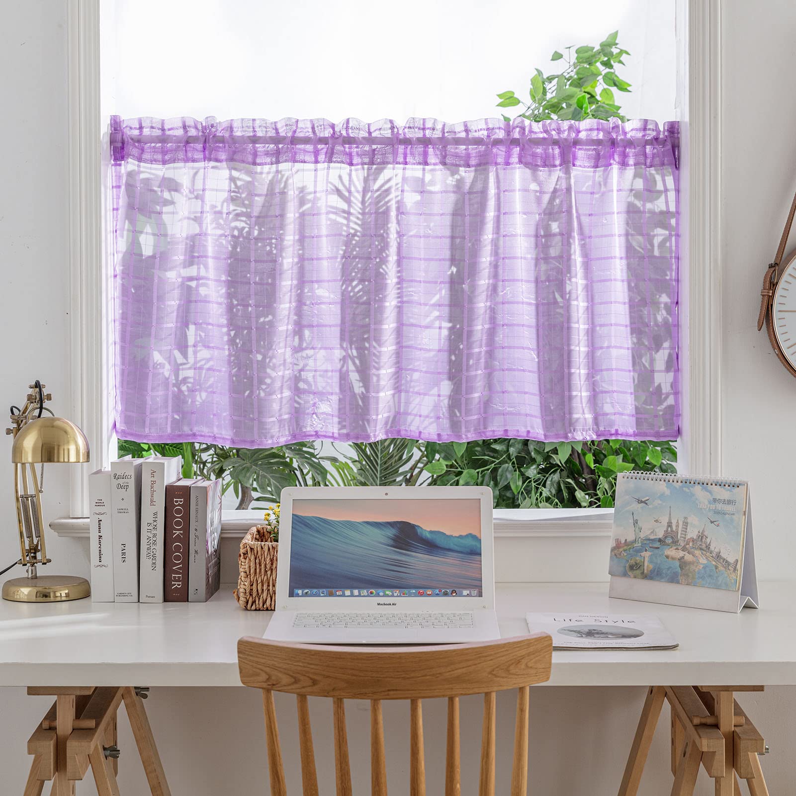 BOYOUTH Plaid Pattern Sheer Short Curtains,Solid Color Rod Pockets Small Window Valance for Kitchen,Cafe,Bathroom,59 Inches by 24 Inches,Purple,1 Panel