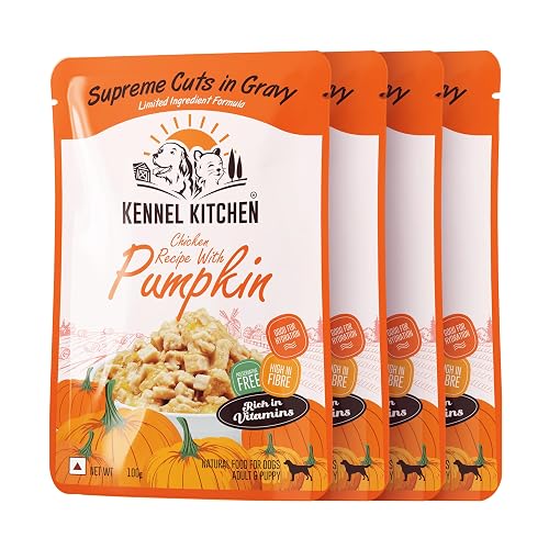 Kennel Kitchen Supreme Cuts in Gravy, Chicken Recipe with Pumpkin, 130g (Pack of 4) | Wet Dog Food Gravy for Adult & Puppy | Limited Ingredient Chunks High in Fibre & Good for Hydration