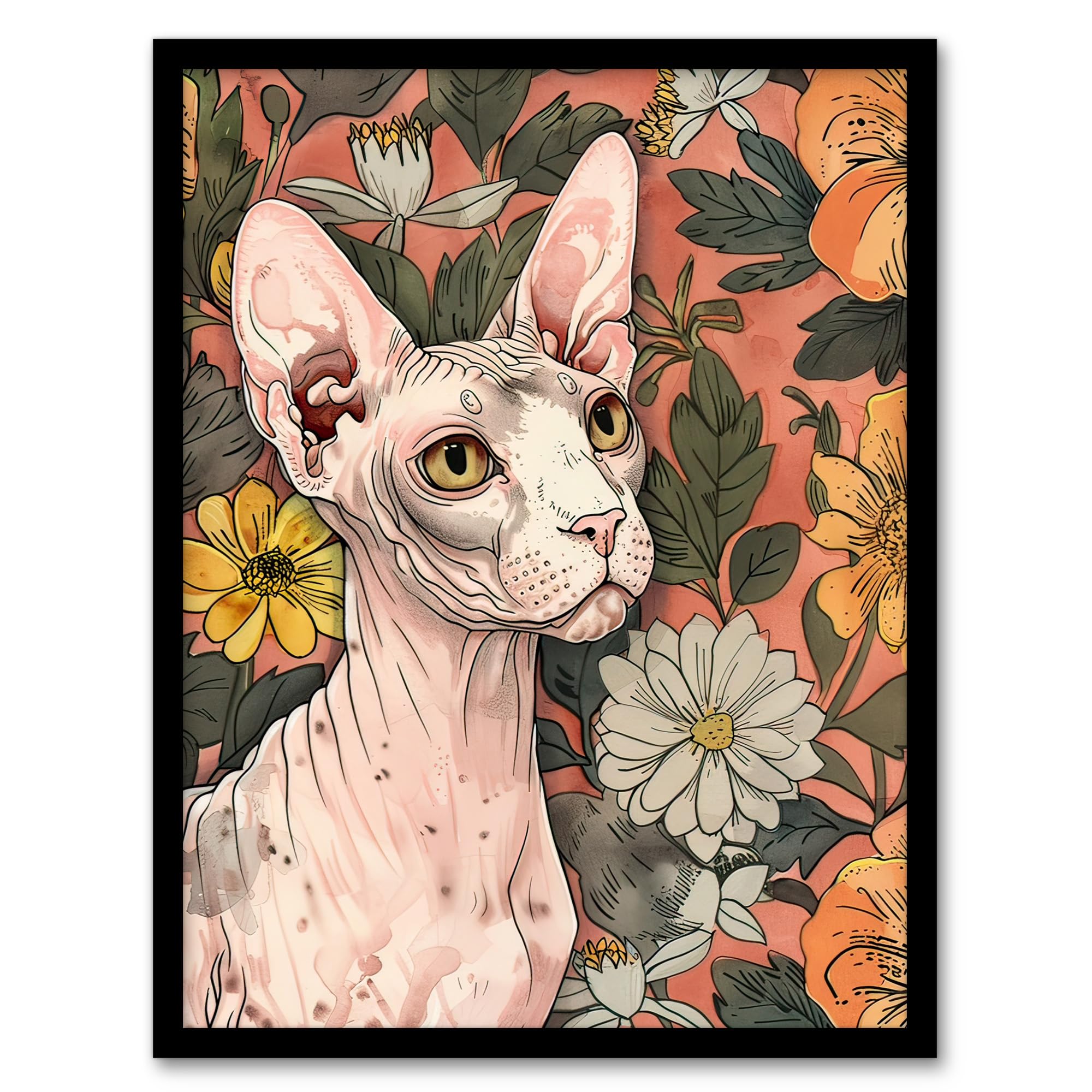Artery8 Sphynx Cat Lover in Flower Garden Pet Portrait Living Room Artwork Framed Wall Art Print A4