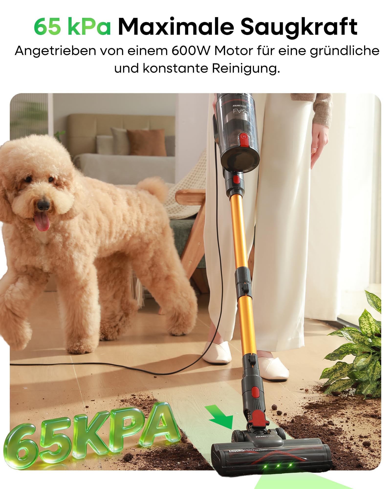 FAMIVAC FV2 Staubsauger mit Kabel, 65Kpa/600W Staubsauger Beutellos mit Matratzenbürste, 1,3KG Leichtgewicht, 7M Kabel,1,5L, Selbststehend, Anti-Tangle-Bürste für Teppich/Boden/Tierhaare