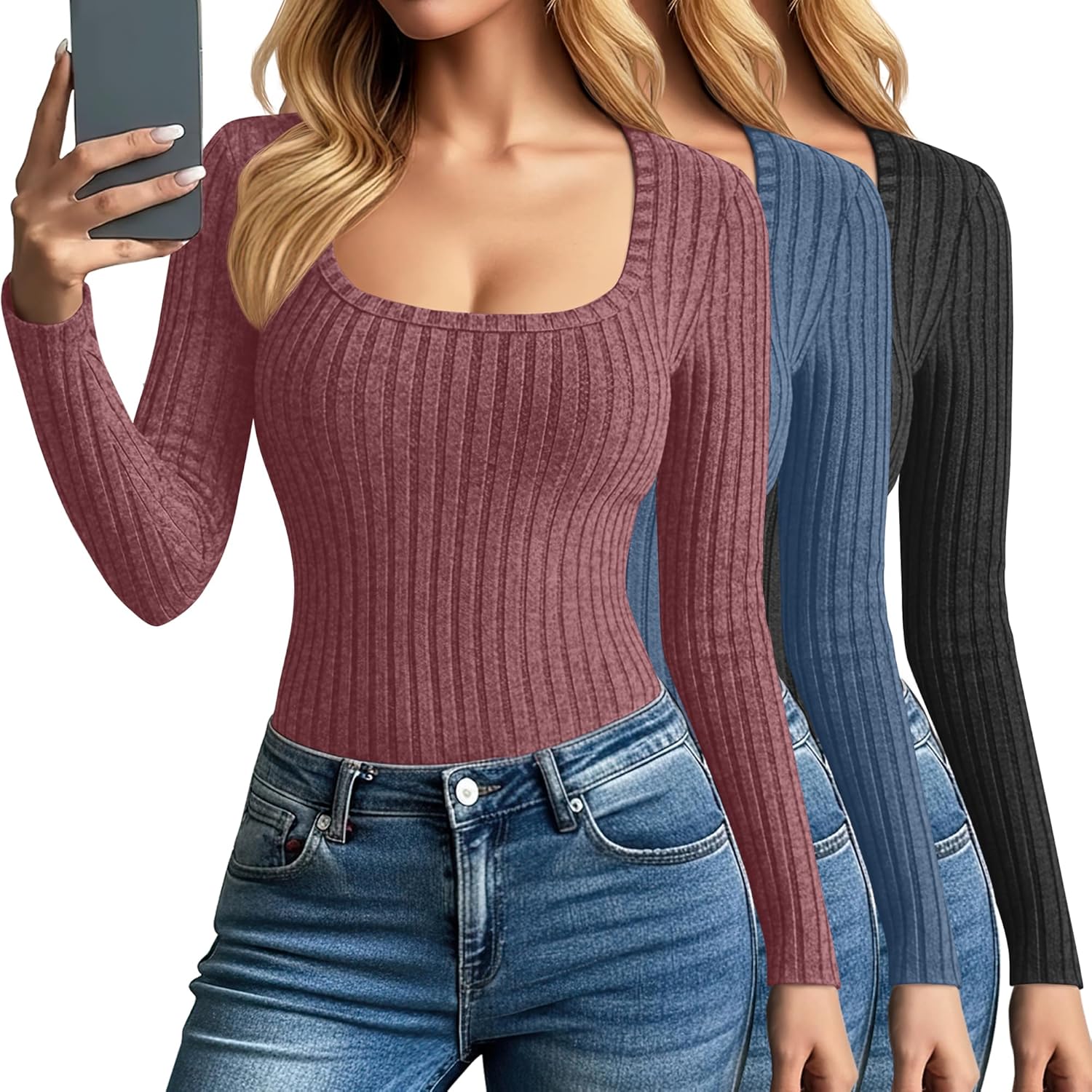 3 Pack Women's Long Sleeve Tops, Scoop Neck Ribbed Knit Shirt Slim Fit Pullover Swe...