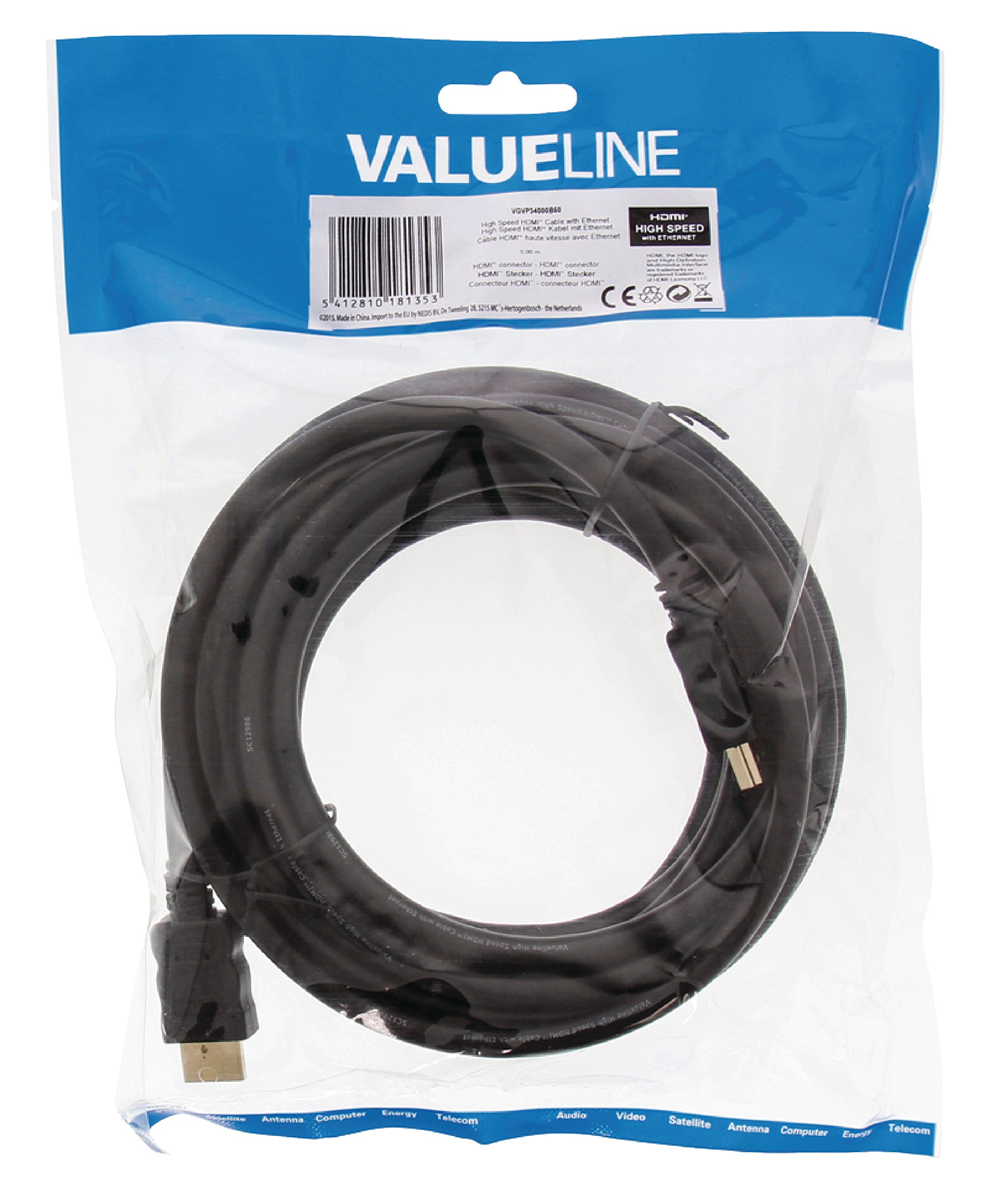 Valueline VGVP34000B50 High Speed HDMI Kabel mit Ethernet (Stecker auf Stecker, 5m) schwarz