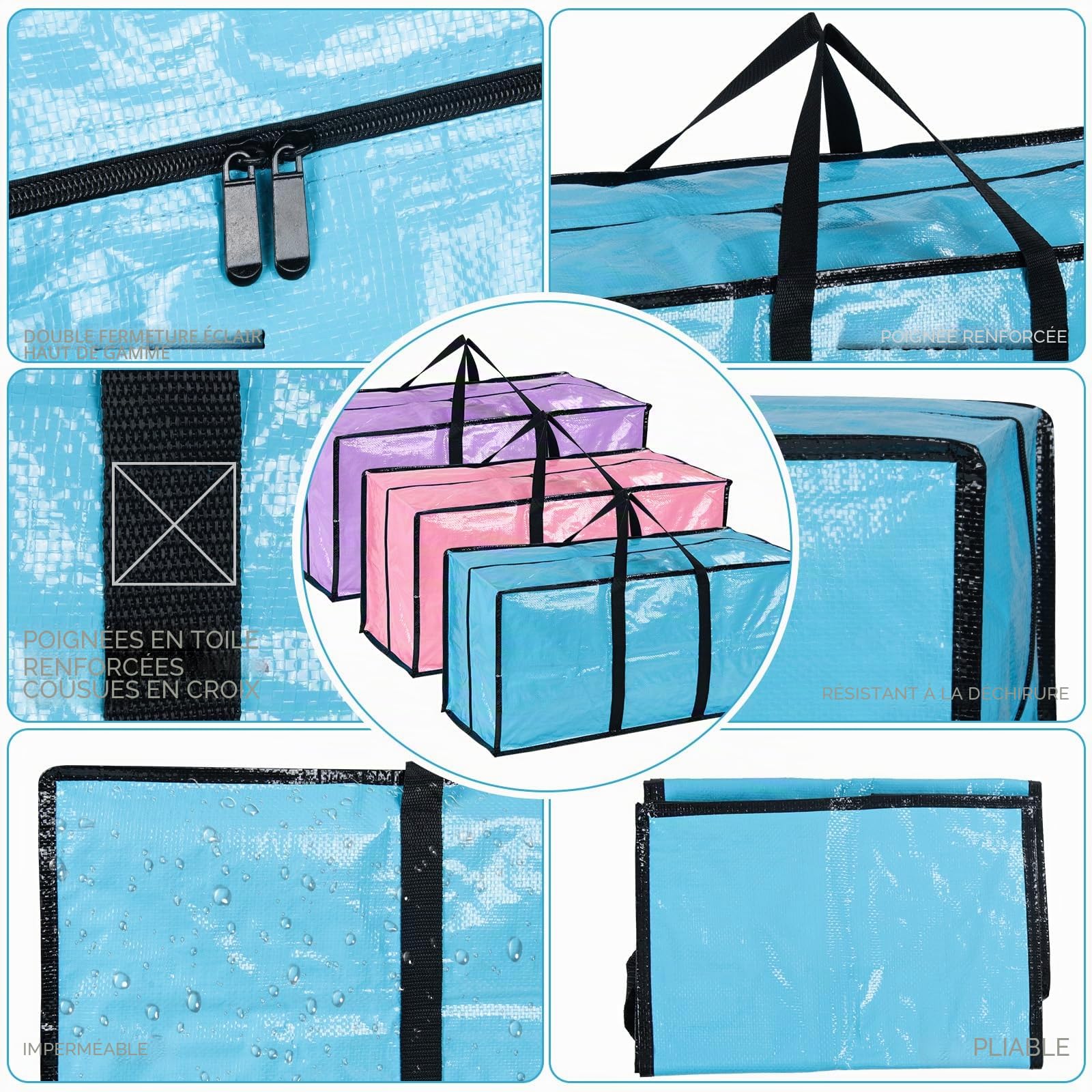 Lot de 6 boîtes de déménagement extra larges avec couvercle et fermetures éclair, grandes boîtes de rangement robustes pour déménagement, vêtements, couettes, voyages, sacs à linge, sacs d'emballage