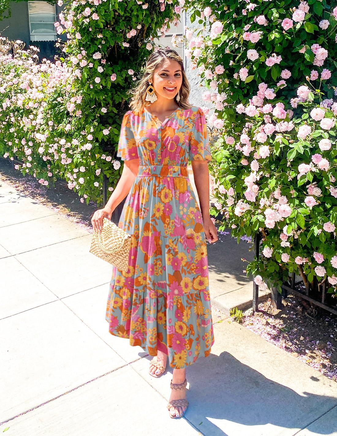 ZESICA Women's 2026 Summer Spring Floral Boho Maxi Dresses Casual Short Sleeve V Neck A Line Flowy Beach Vacation Dress - Image 5