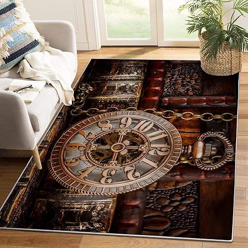 Miniatura 2 de Luxury Elegant Rug - 5x7 Rug, Red 3D Clock Rug for Bedroom, 70s Mid Century Retro Vintage Pocket Watch Area Rugs, Non-Slip Soft Flannel Floor Carpet
