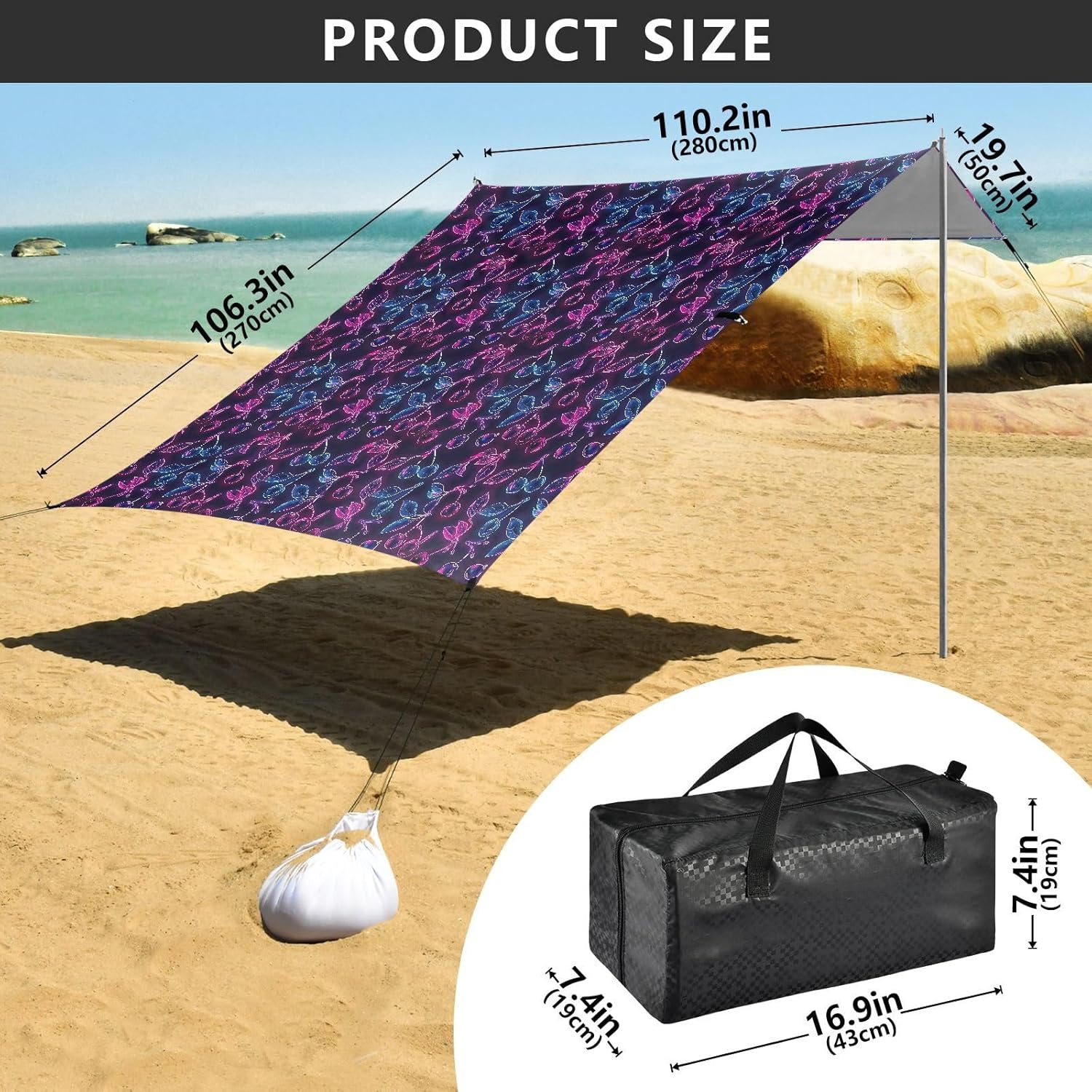 ALAZA Cherry Neon Beach Tent Sun Shelter UPF50+ Protection Beach Shade Canopy w/ 4 Sandbags for Outdoor Camping, Fishing, Backyard Fun, Picnic, 10x9 ft