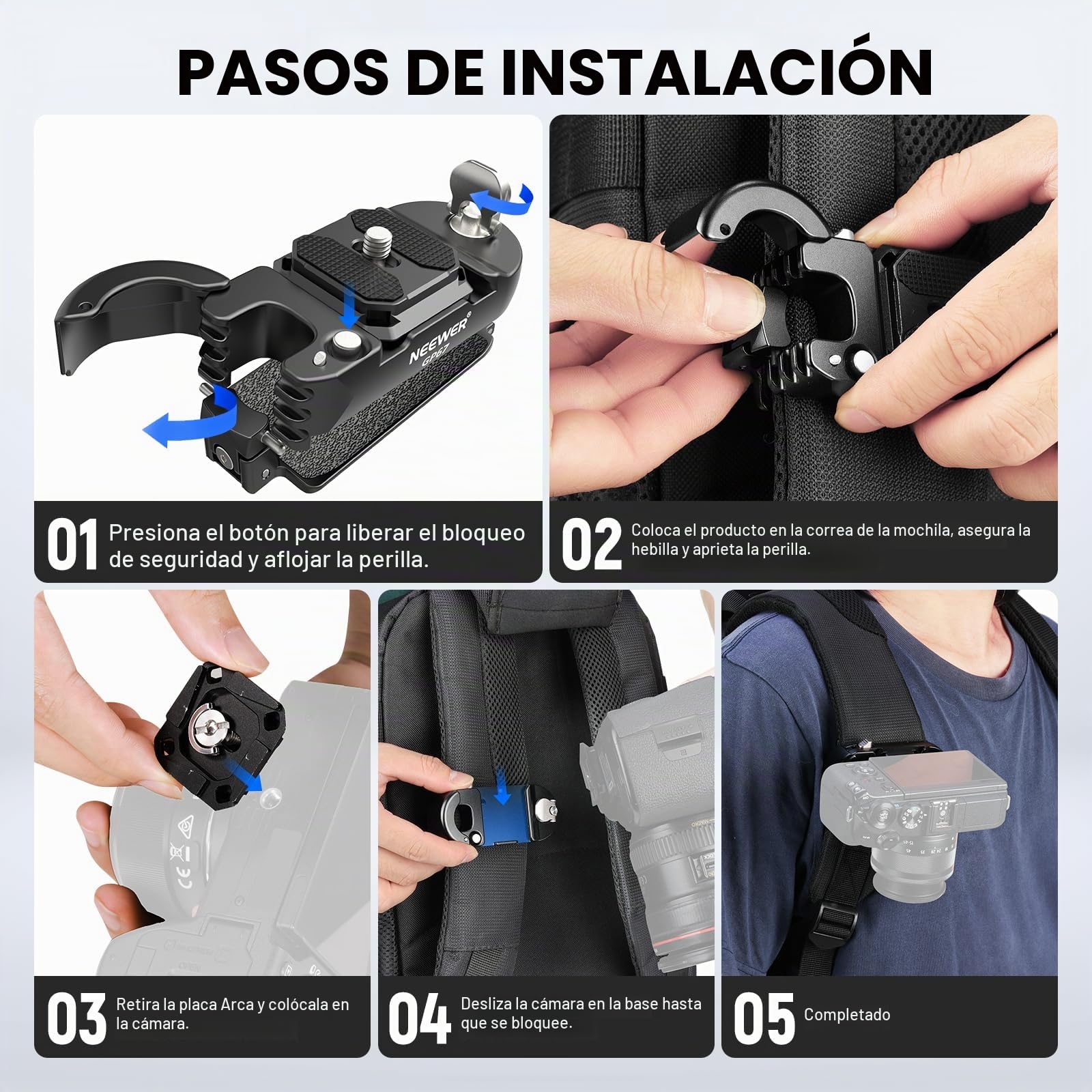 NEEWER Clip de Cámara Mochila con Placa QR Cuadrada, Pestillo Seguridad Mejorado, Clip Cinturón Cámara Liberación Rápida, Correa Mochila Compatible con Peak Design PD QR Canon Nikon Sony DSLR, GP67