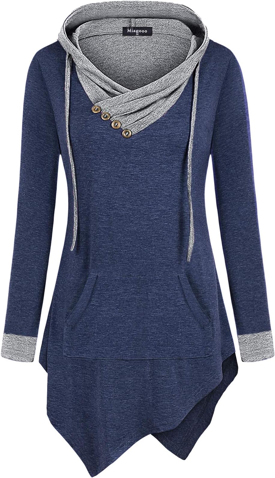 Womens Cross Neck Uneven Hemline Hoody Long Sleeve Loose Flare Tunic Henley