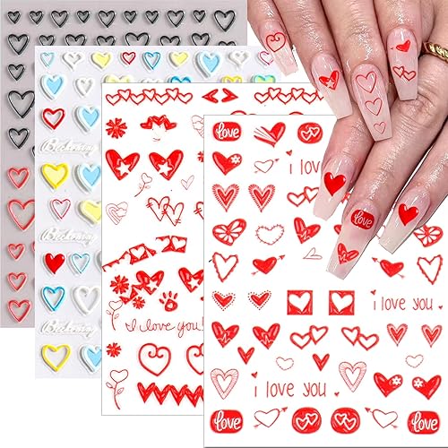 4 hojas de calcomanías de arte de uñas para el día de San Valentín corazón 5D en relieve autoadhesivo suministros de decoración de uñas accesorios