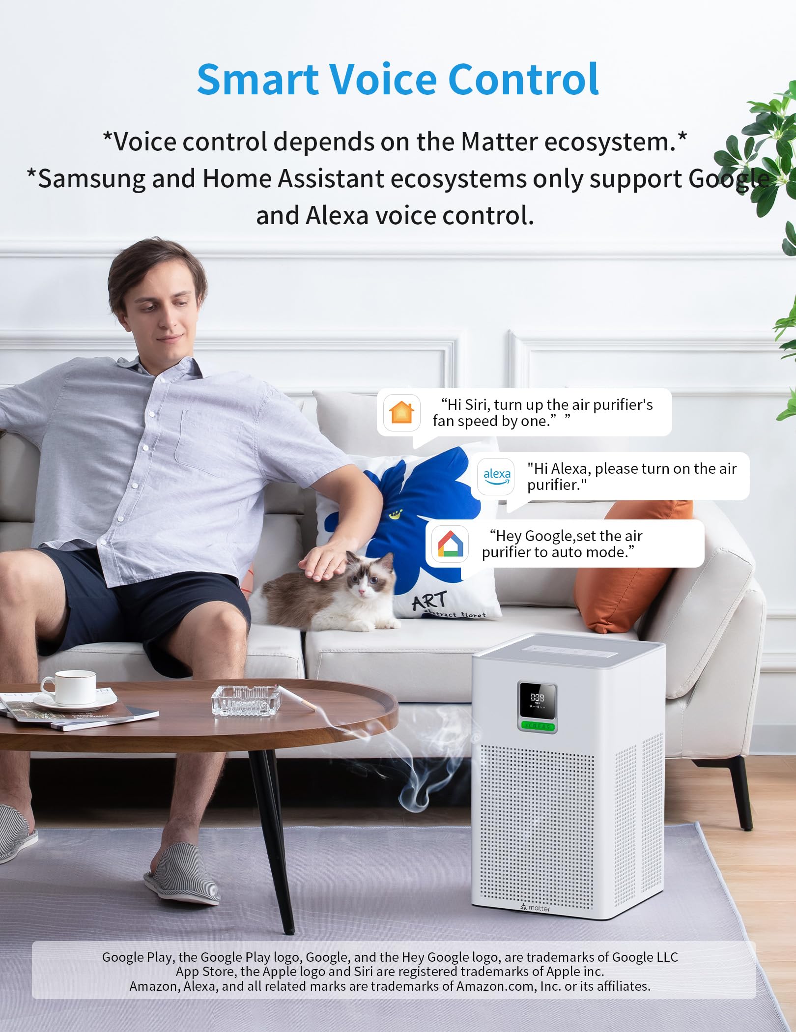 Luftreiniger mit Matter-Kompatibilität, kompatibel mit Apple Home, Alexa, Google Home, Home Assistant, HEPA H13 Filter, waschbarer Vorfilter, Aromatherapie-Funktion, Eco-Sparmodus