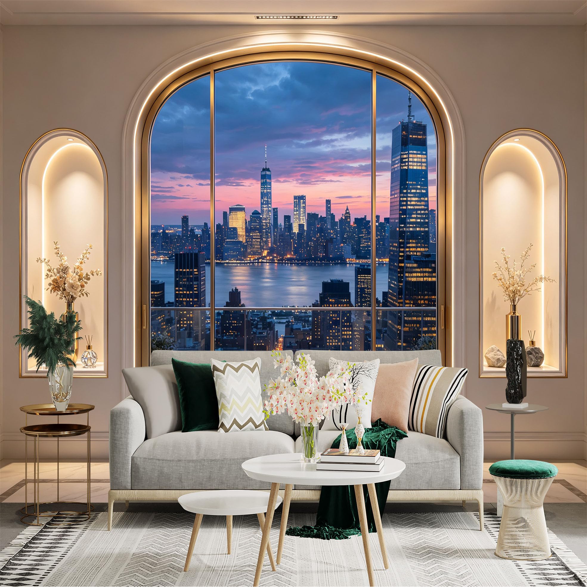 Custom Size Wall Sticker Mural， Modern City Skyline at Sunset， Luxury Window View， Waterfront Towers， for wall Decoration， peelandstick wall Decals.