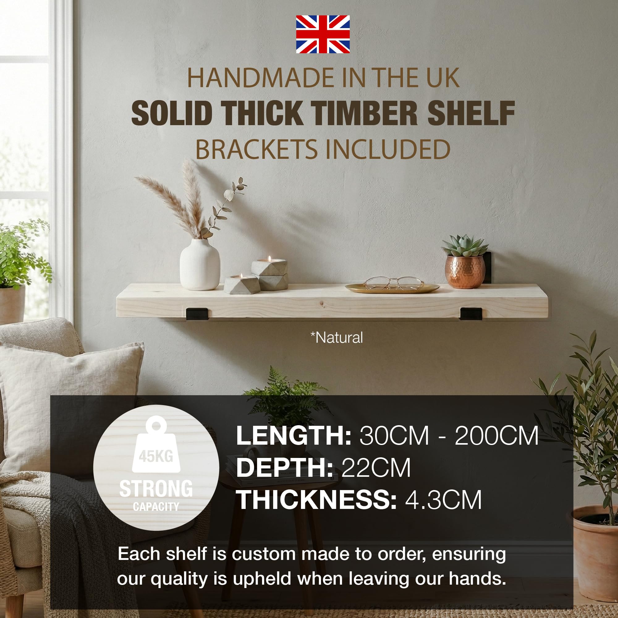 Top Notch Home & Living Handcrafted Rustic Wooden Wall Shelf, Incl 2 Up Brackets - Image 2