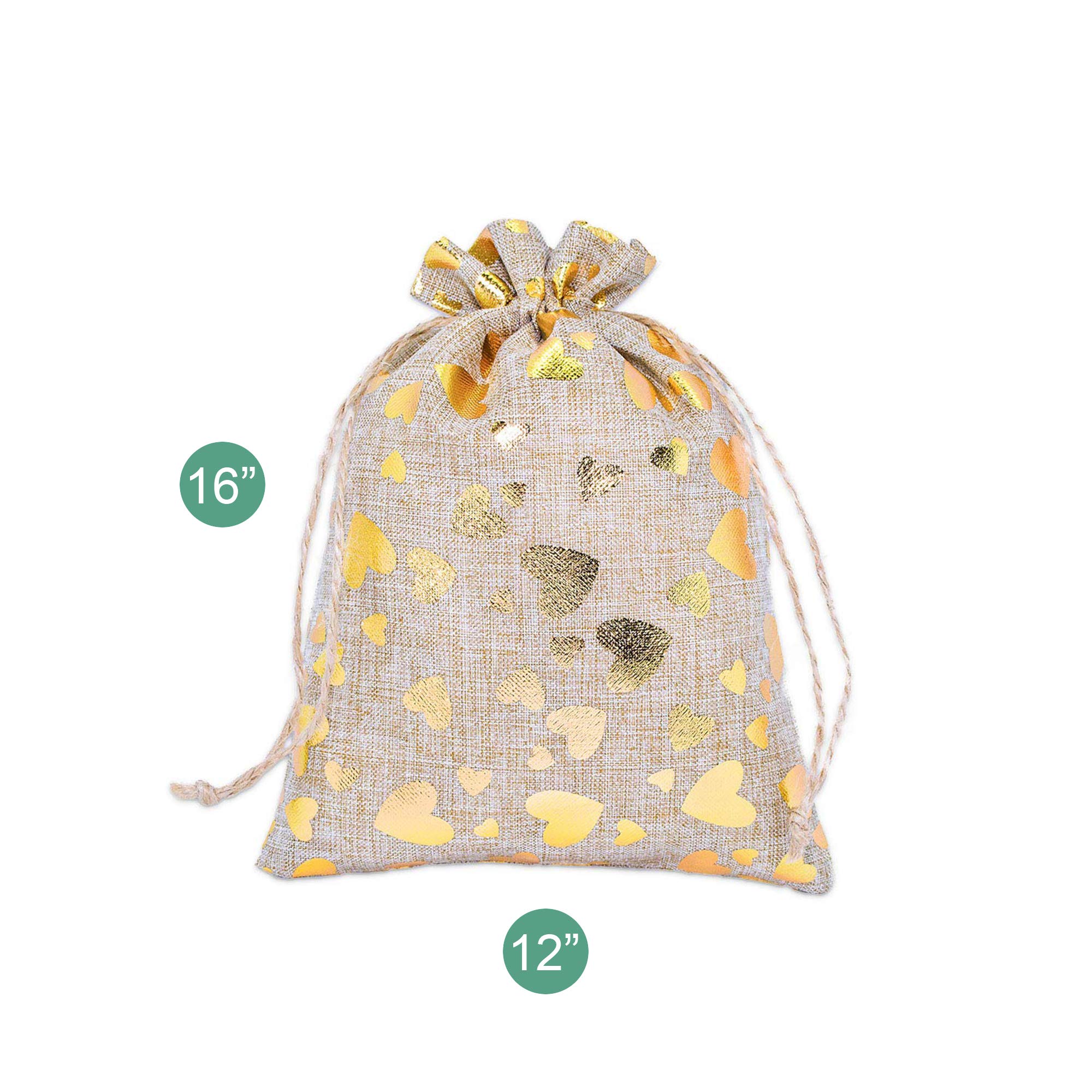 TheDisplayGuys Lot de 12 sacs cadeaux réutilisables en toile de jute avec cordons de serrage Motif cœurs dorés Taille XL 30,5 x 40,6 cm
