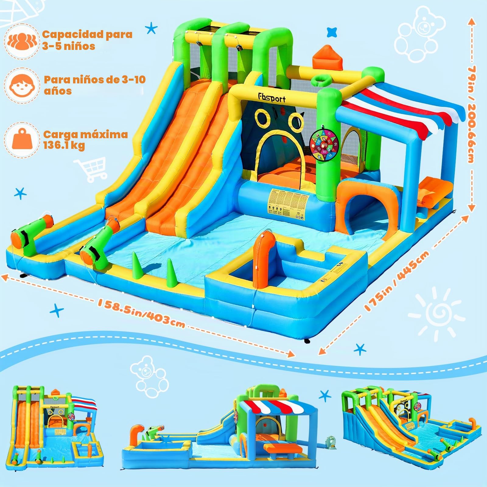 Castillo Hinchable Grande con 2 Toboganes de Agua, Parque Acuático Inflable para Niños con Trampolín, Piscina, Canasta de Baloncesto, Pared de Escalada, Uso Interior Exterior 445x403x200 cm
