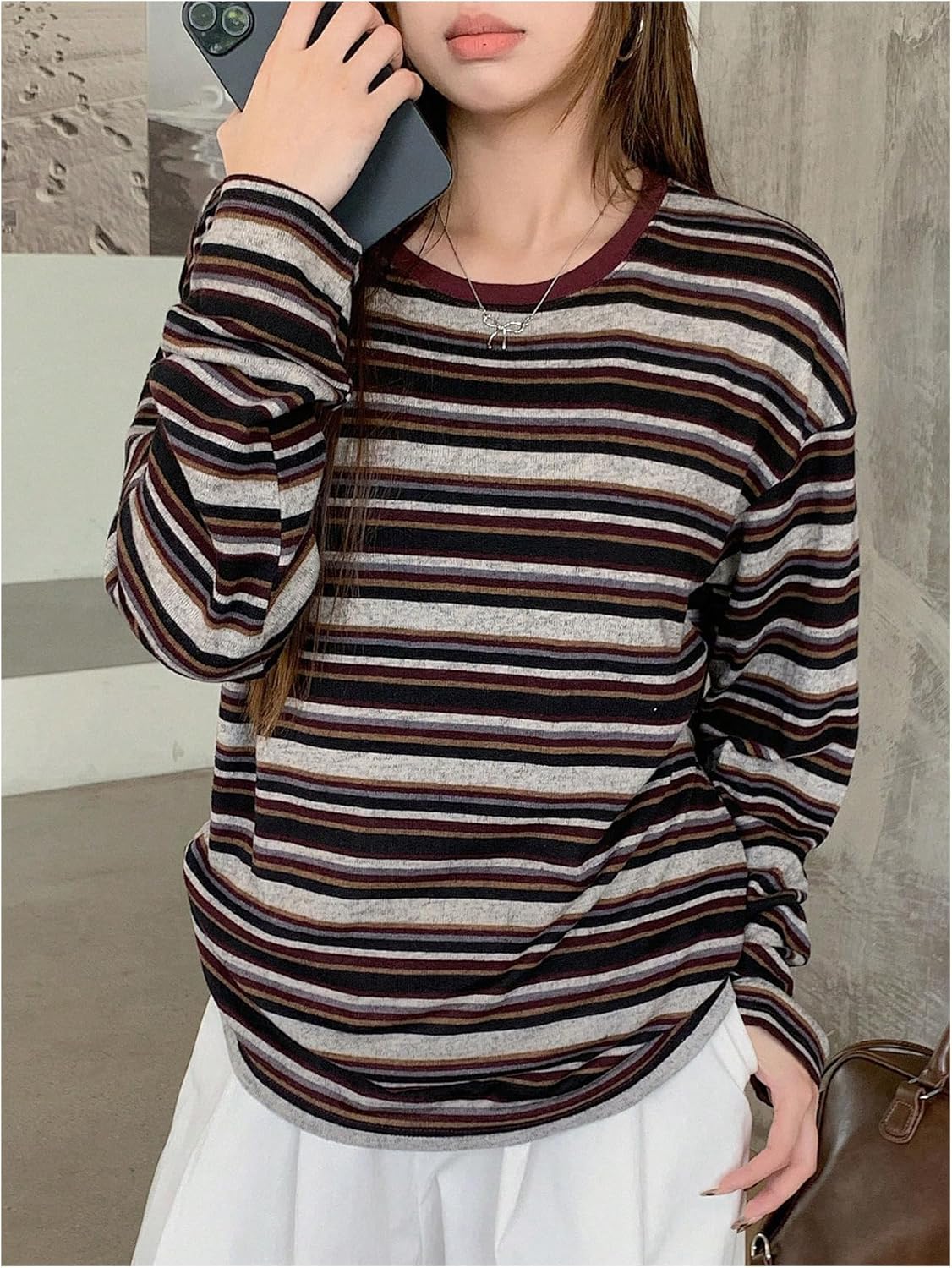 Women's Trendy Striped Long Sleeve T Shirts Casual Color Block Crew Neck Drop Shoulder Streetwear 2025 Fall Tops - Image 2