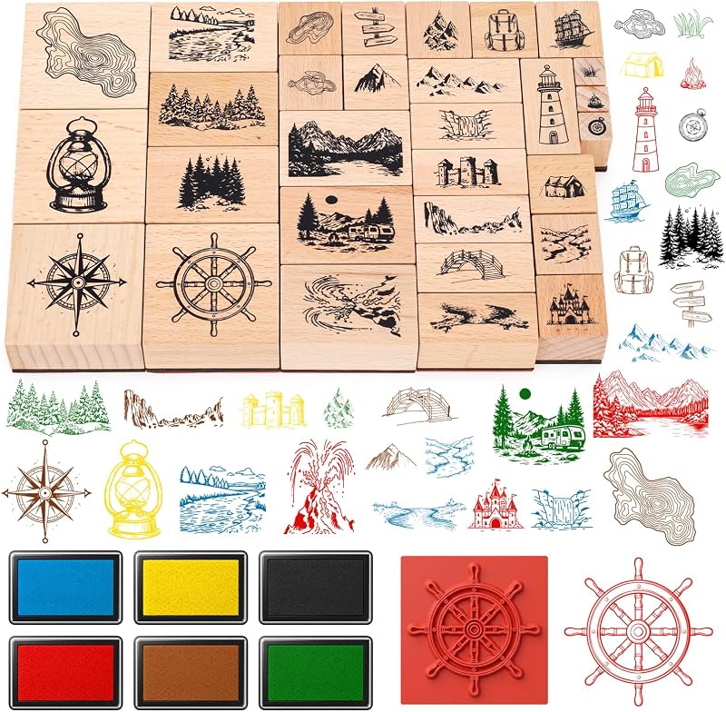 Marspark 30 Pcs Map Stamps Mountain Tree Wooden Rubber Stamp with 6 Colors Ink Pads Set Vintage Compass Outdoor Scenery Stamps for Journaling Card Making DIY Scrapbooking Supplies Crafting