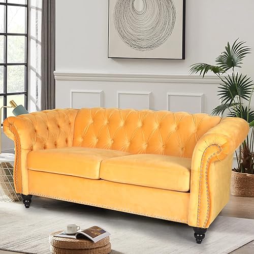 Miniatura 3 de RARZOE Sofá biplaza tradicional Chesterfield, moderno y vintage Chesterfield con botones capitoné de terciopelo con ribete de cabeza de clavo,