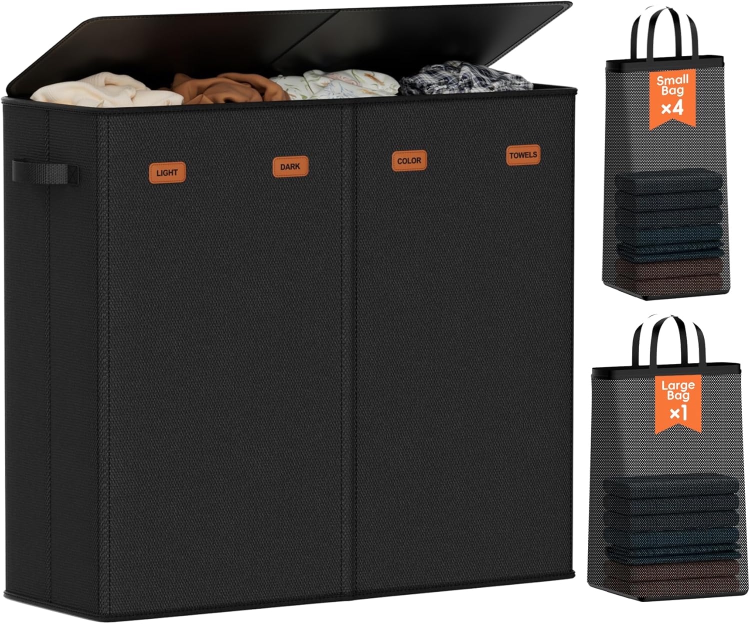 Laundry Hamper 4-Section with Lid, 185L Laundry Sorter with 4 Removable Bags + 1 Extra Large Bag, Switchable 3/4 Compartment, Laundry Basket Organizer for Bedroom, Laundry Room，Black