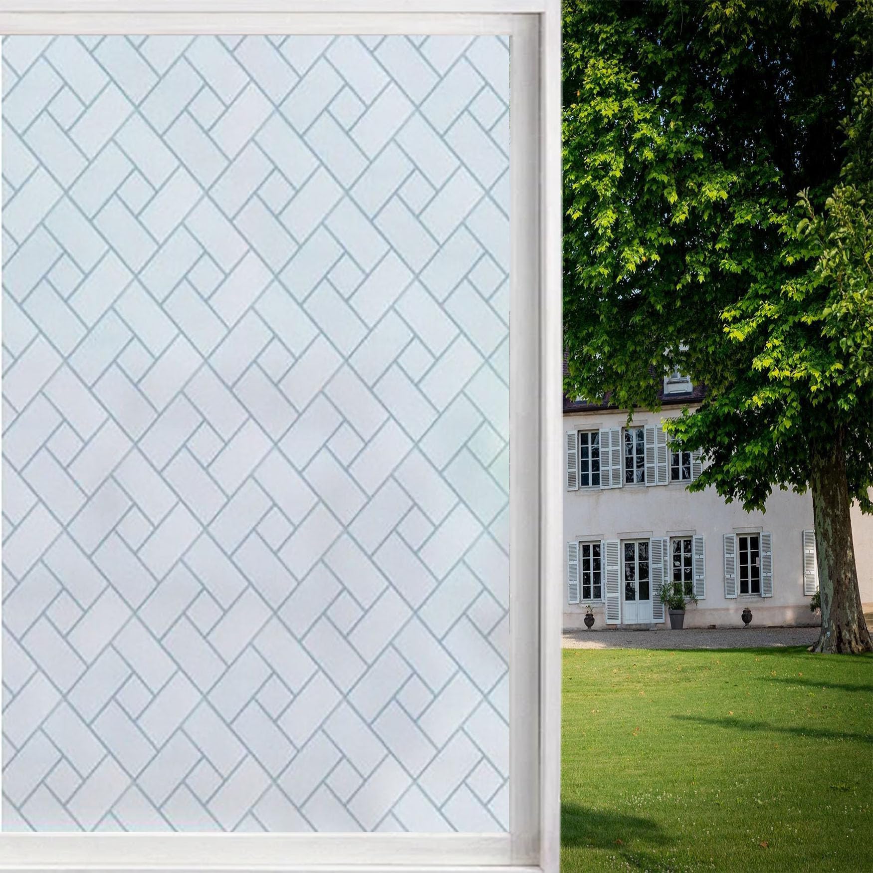 Folia Okienna Zapewniająca Prywatność, Matowa 50 x 580 cm Przepuszczające Światło Mrożona Folia Okienna Nieprzezroczysty, Bez Kleju Do Łazienki, Domu I Biura, ukośna siatka