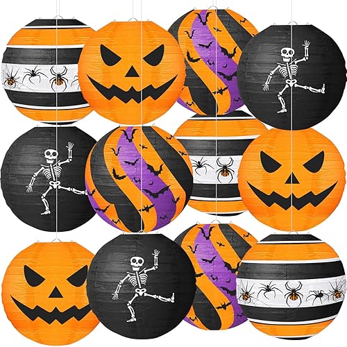 Halloween Paper Lanterns, 12 PCS Halloween Hanging Paper Lanterns, Orange