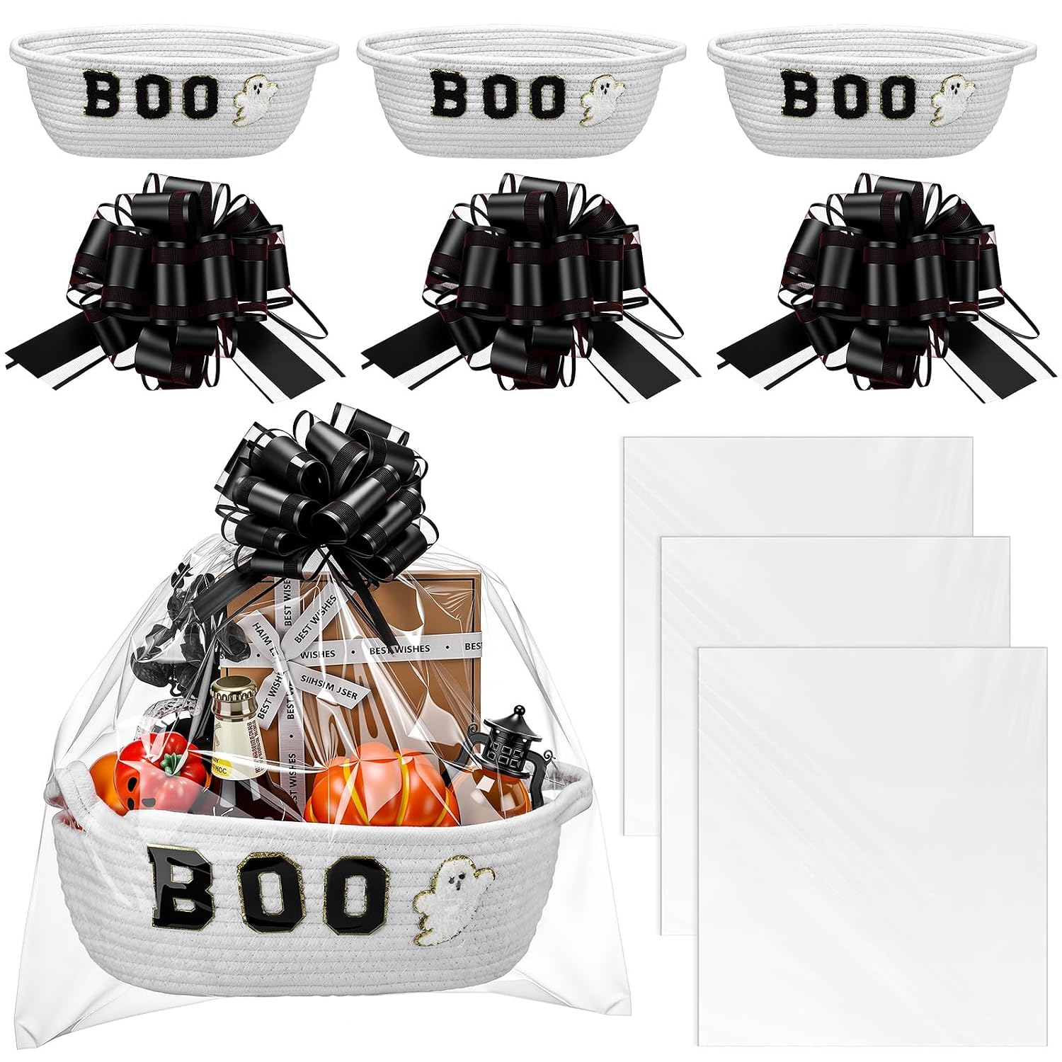 Acellegic 3 Sets Halloween Boo Basket for Gifts with Bows Ribbons Cute Boo Ghost Woven Candy Baskets Trick or Treat Bucket for Halloween Holiday Birthday Treat Wrapping Party Supplies (White)