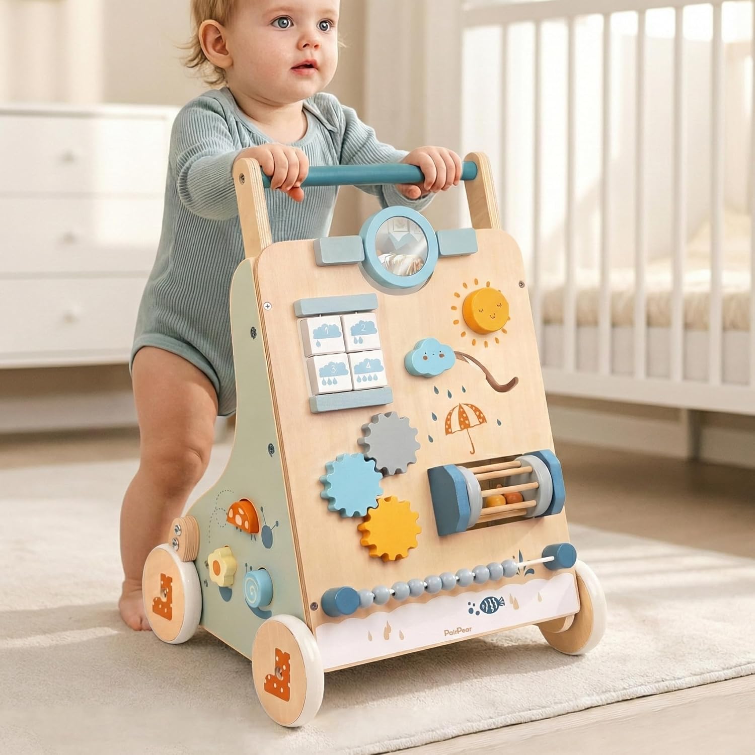 PairPear Wooden Activity Walker for Babies, Montessori Sit & Play Push Toy with Mirror, Gears & Beads, Adjustable Handle, Indoor Friendly Wheels, Gift for 12+ Months