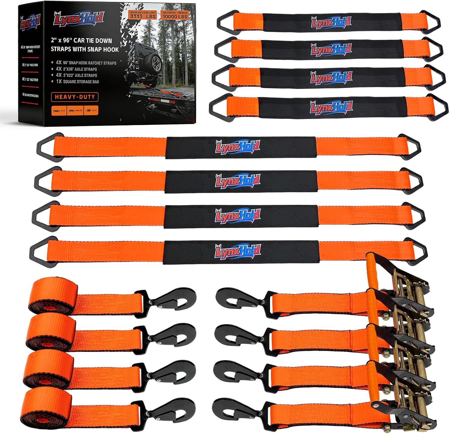 2'' x 96'' Car Tie Down Straps with Snap Hook for Trailers Heavy Duty, 10,000 lbs Break Strength, 4-Pack Steel Ratchet, 4 Adjustable Car Hauler Straps, 4 Axle Straps