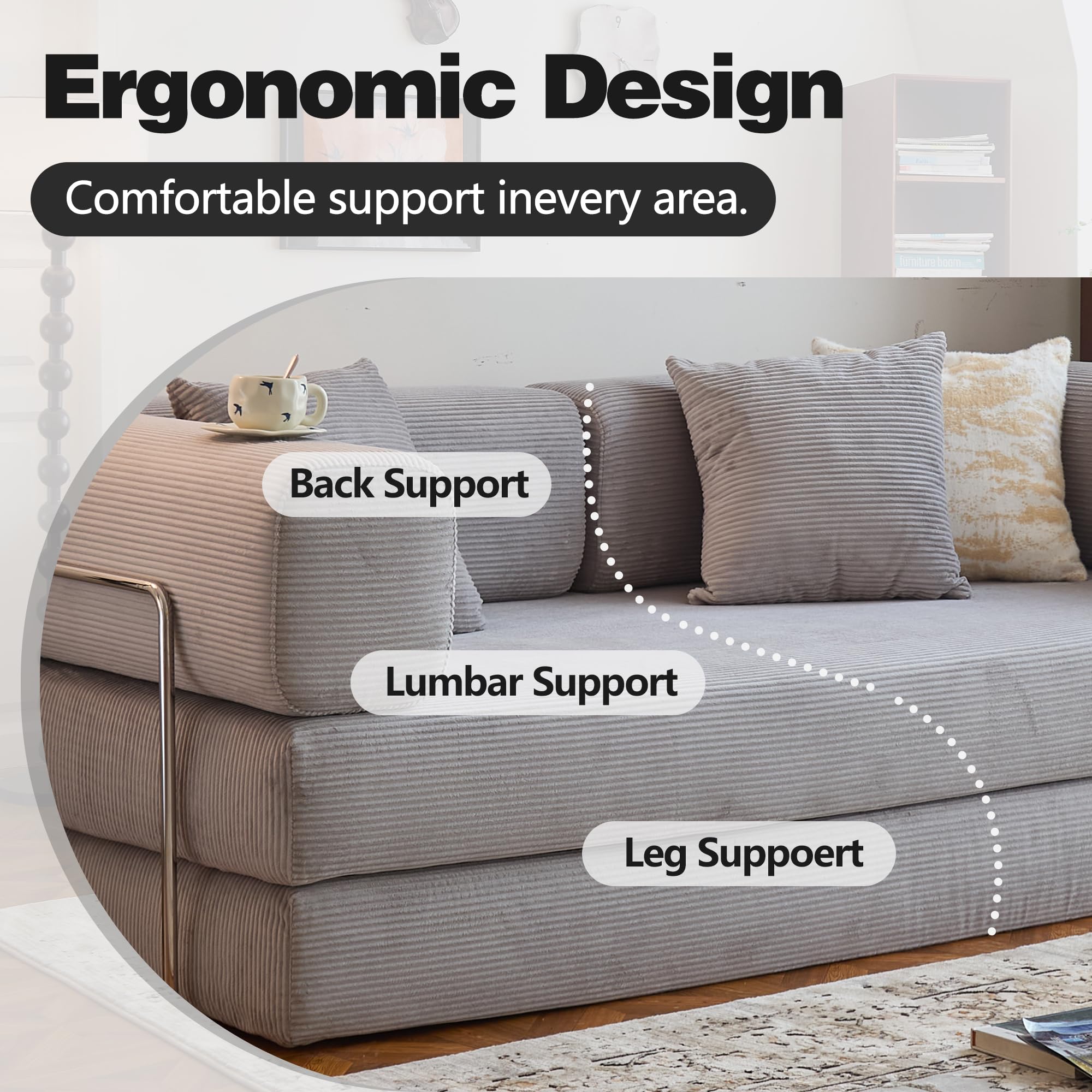 LIAROO 78.8" Convertible Sofa Bed - Compression Sofa with Corduroy Fabric - with Armrests and Backrest - Modular Sectional for Living Room, Bedroom, Studio - Compression Sofa in Box (Grey): 78.8IN Grey