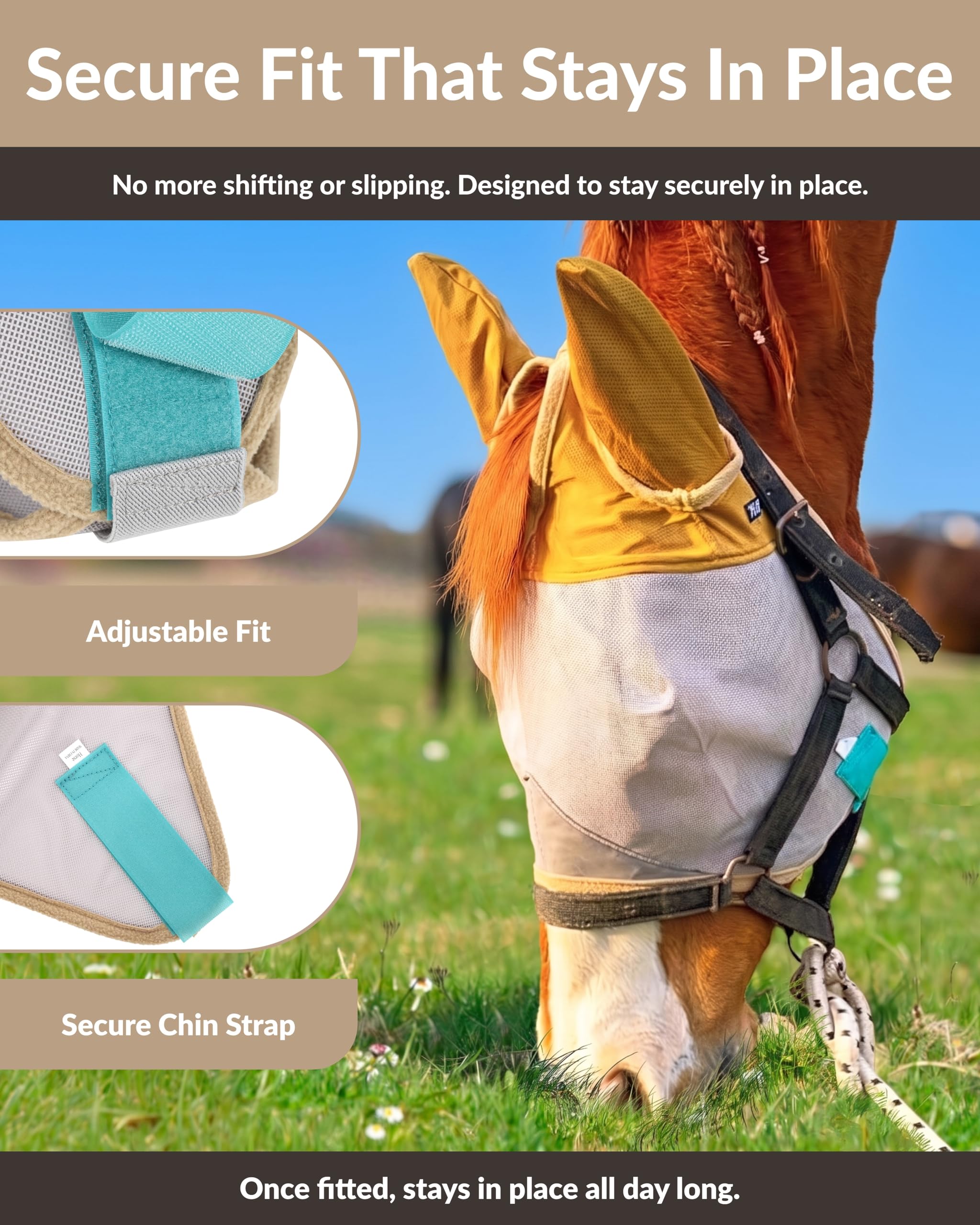 Máscara de mosca de caballo con orejas – Malla que no transfiere calor – 70% de protección UV – Máscara de mosca equina transpirable con cubierta para orejas – Tamaño de caballos – Máscara suave y